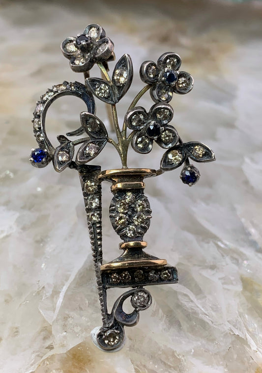 Antique 18K, Silver, Diamond & Sapphire Flower Vase Giardinetti Brooch