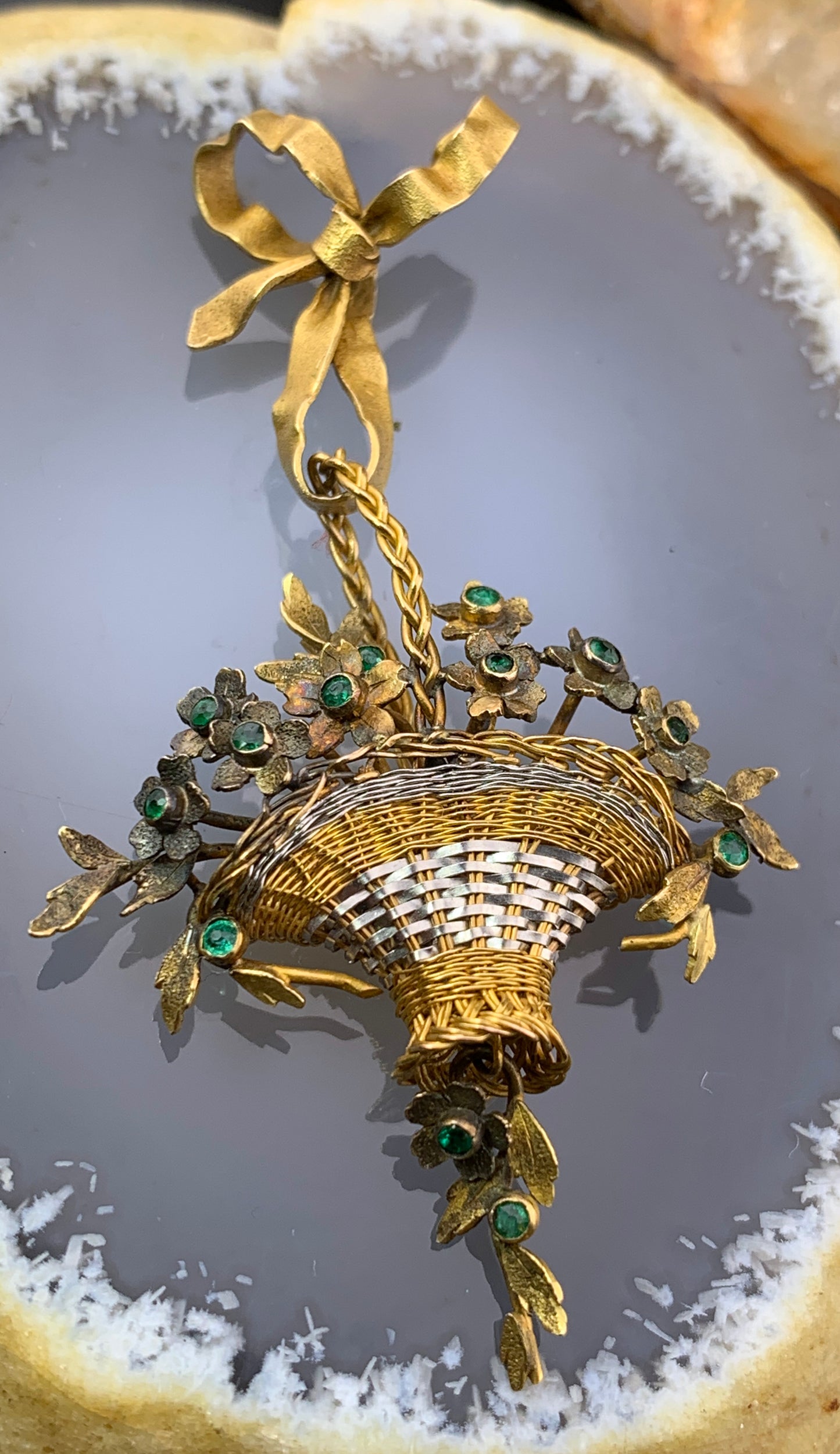 Antique 18K, Silver & Emerald Giardinetti Pendant