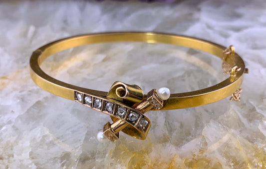 Antique 18K, Diamond & Pearl Bangle Bracelet