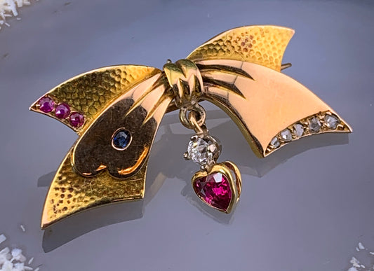 Vintage Retro 14K, Diamond, Sapphire & Ruby Bow Brooch