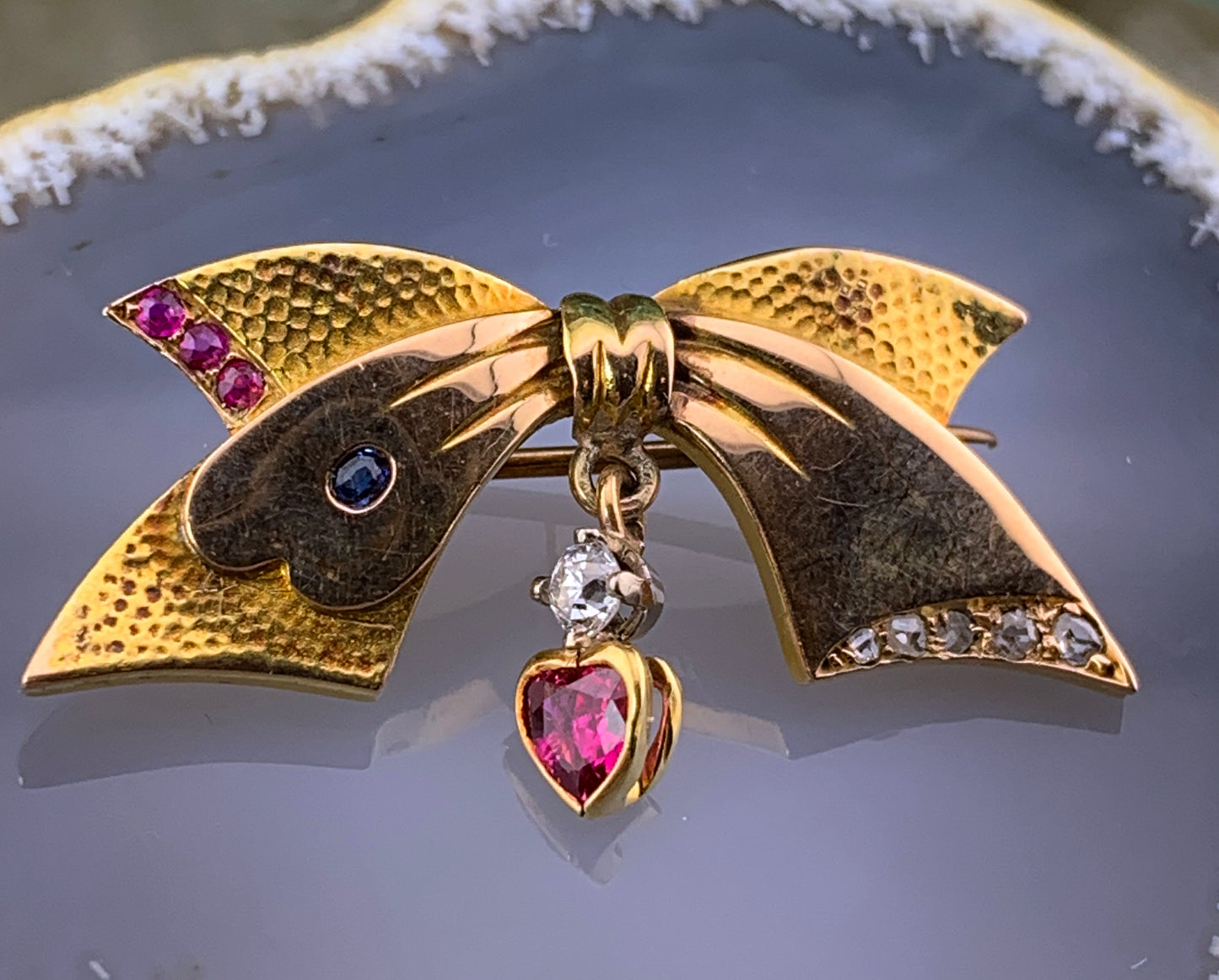 Vintage Retro 14K, Diamond, Sapphire & Ruby Bow Brooch