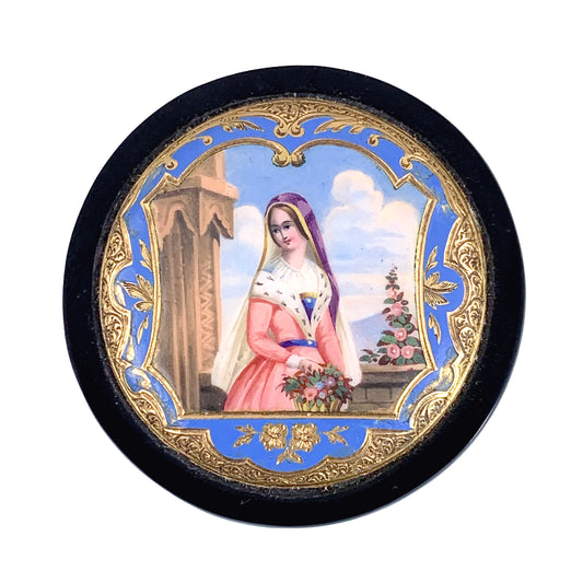 Antique 14K Hand Painted Enamel Portrait In Onyx Brooch