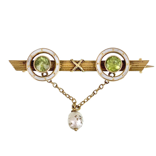 Antique 18K, Peridot, Pearl & Enamel Brooch