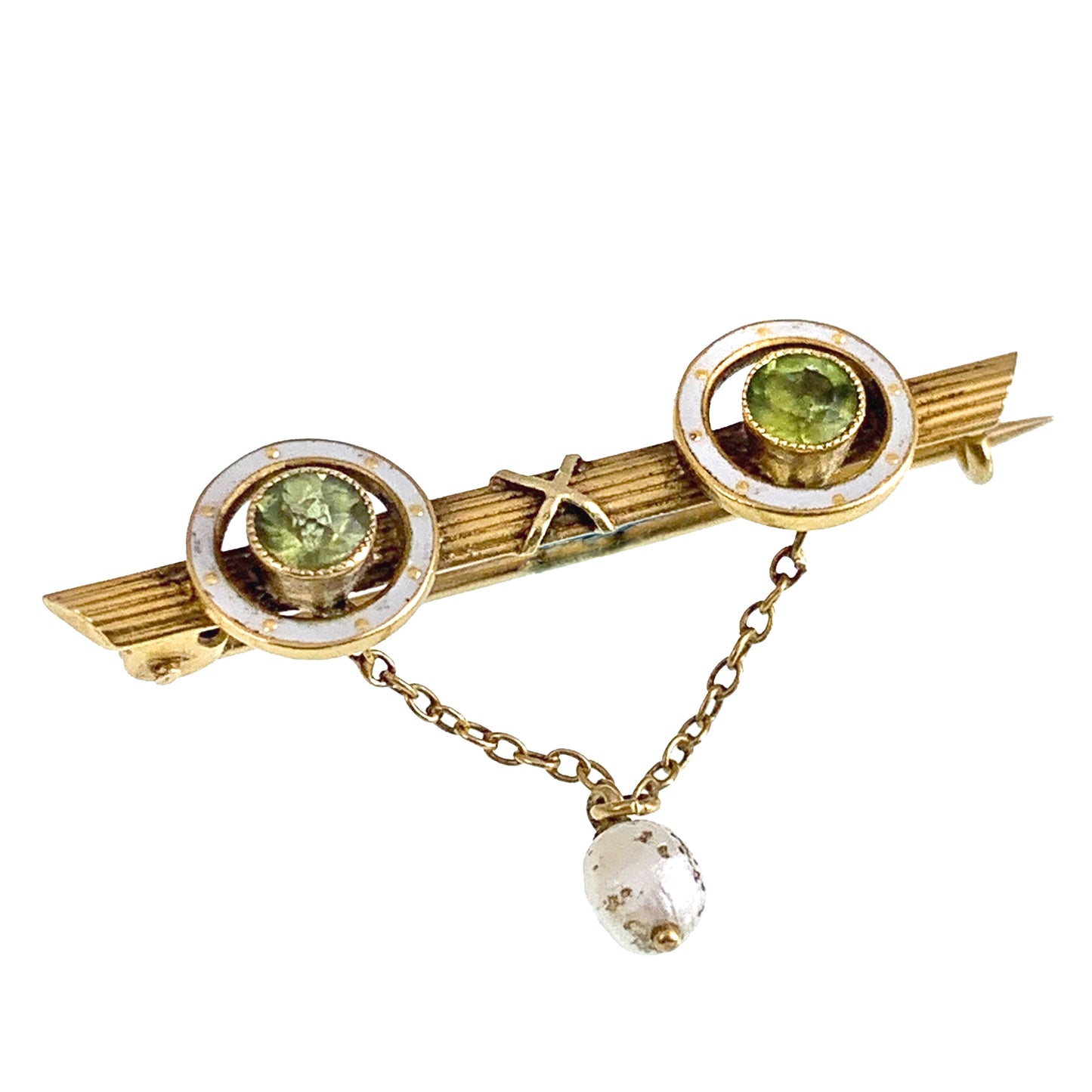 Antique 18K, Peridot, Pearl & Enamel Brooch