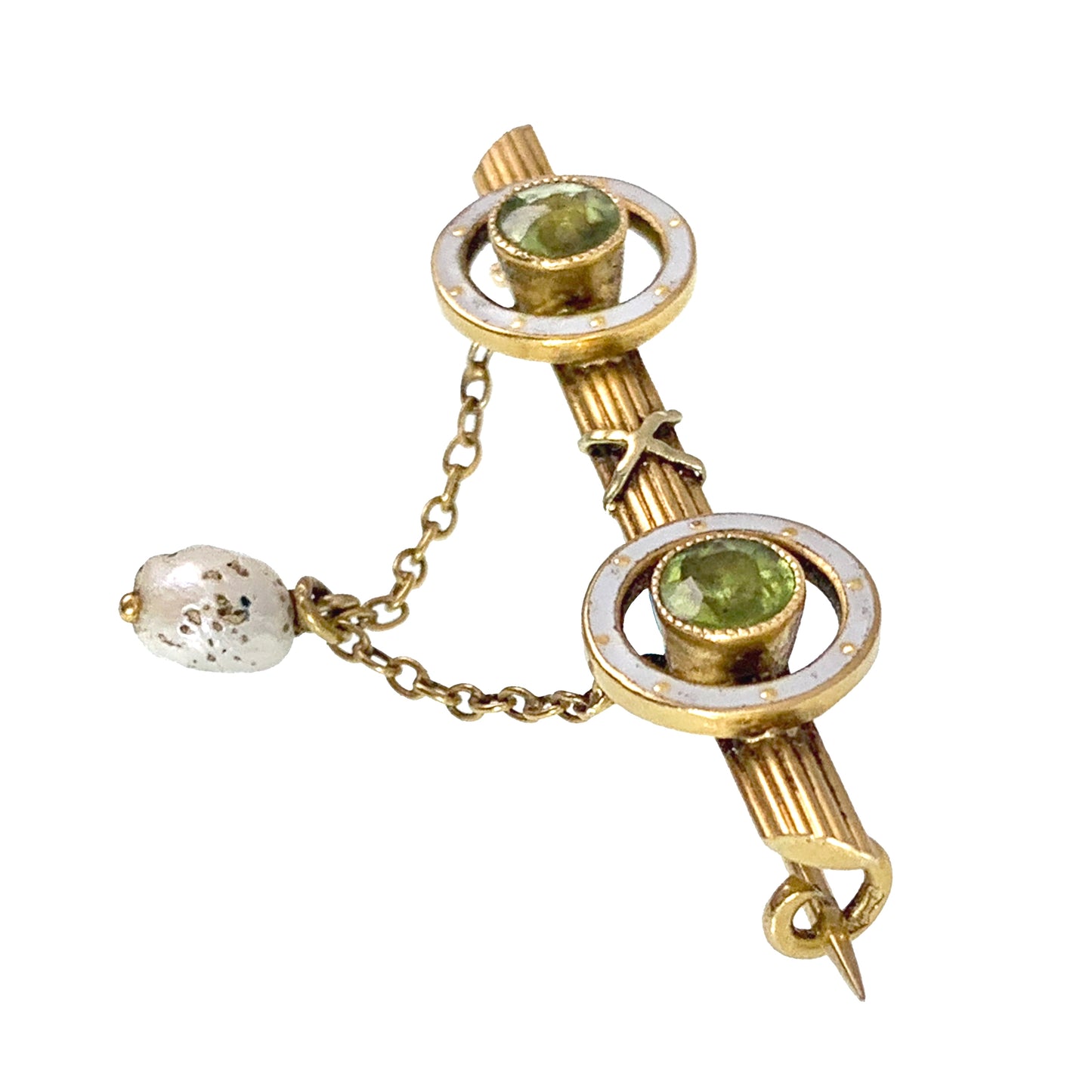 Antique 18K, Peridot, Pearl & Enamel Brooch