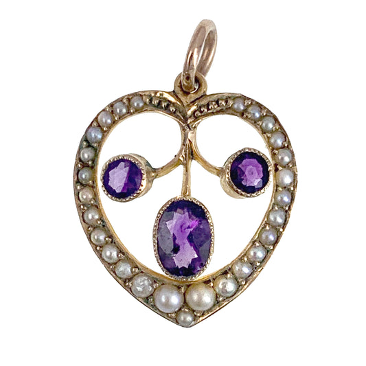 SOLD Antique 9K, Amethyst & Seed Pearl Heart Pendant
