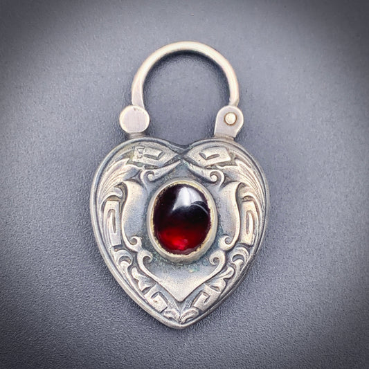 SOLD Antique Sterling Silver & Garnet Heart Padlock Pendant/Charm