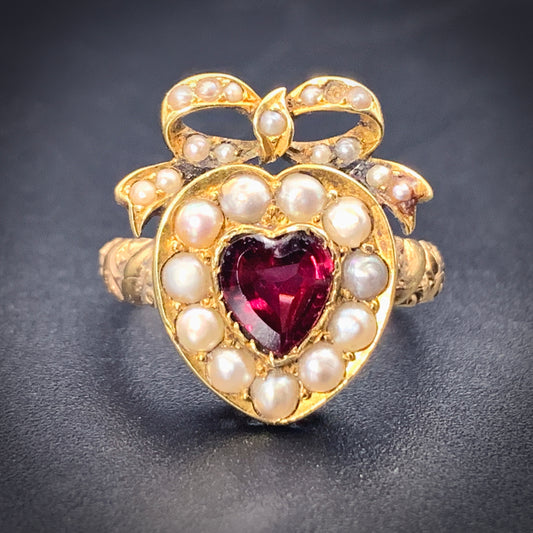 SOLD Antique 18K, 14K, Garnet & Seed Pearl Heart Conversion Ring