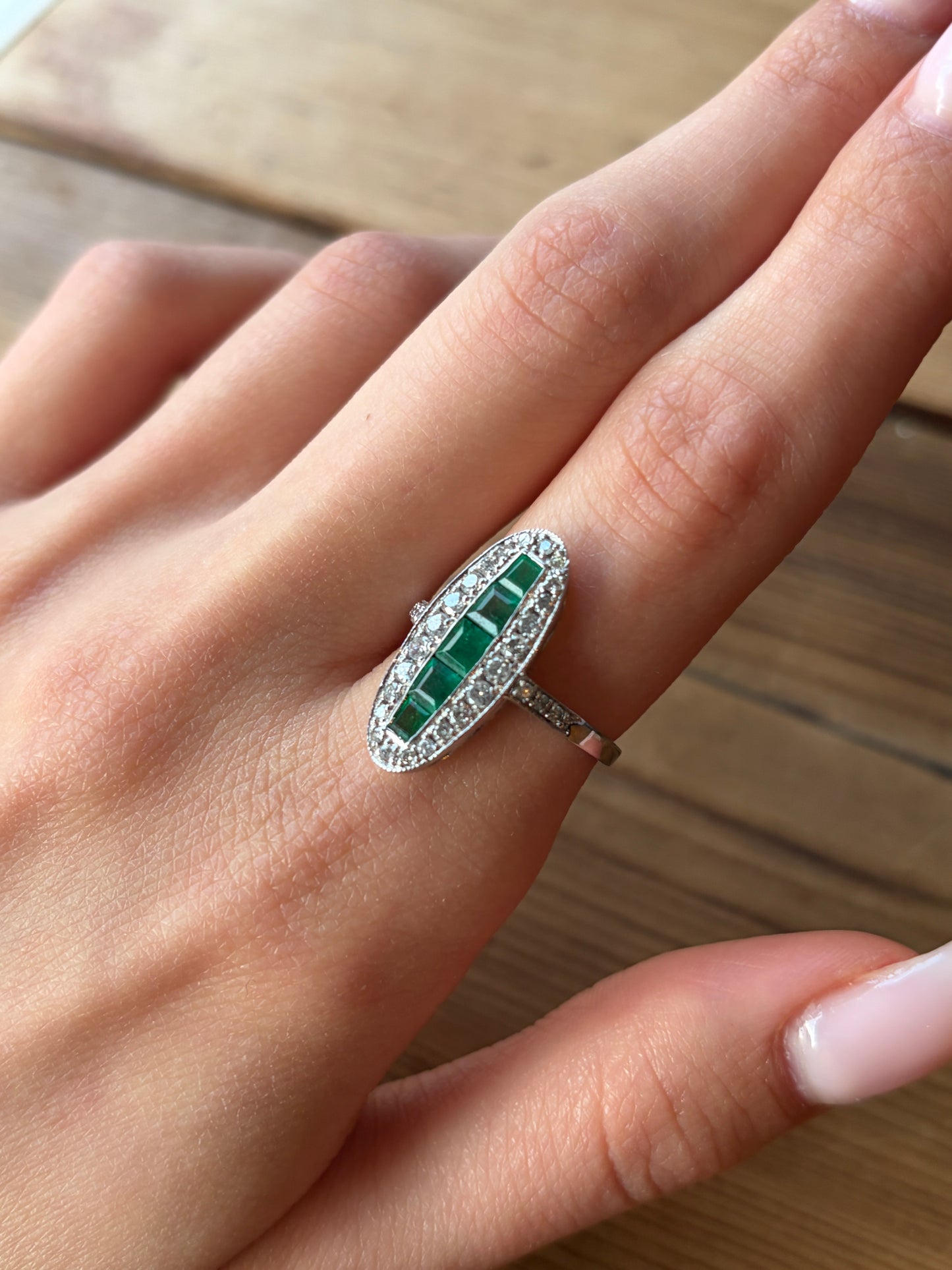 Vintage English Art Deco 18K, Diamond & Emerald Navette Ring