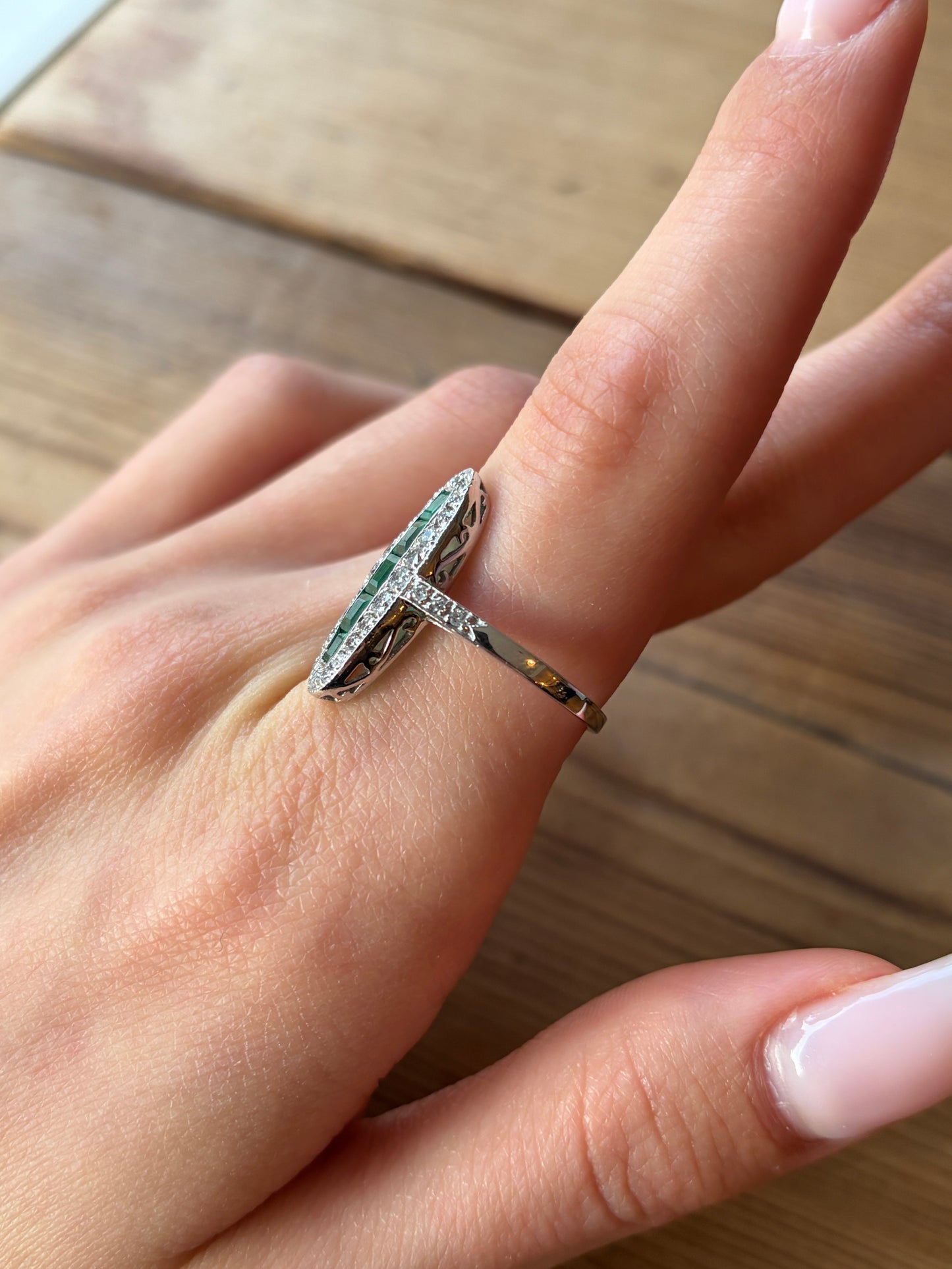 Vintage English Art Deco 18K, Diamond & Emerald Navette Ring