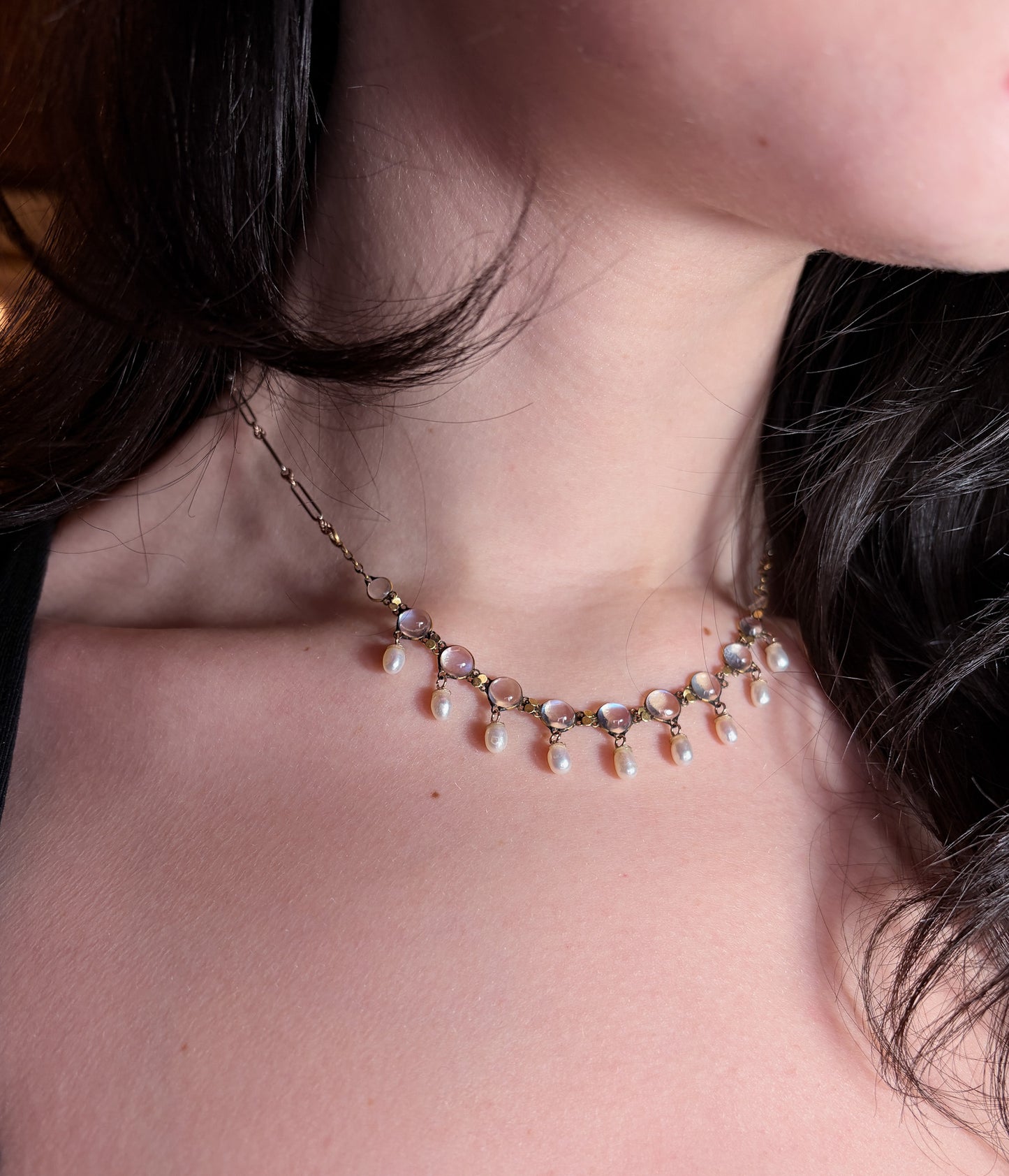 Antique 14K, Moonstone & Pearl Necklace
