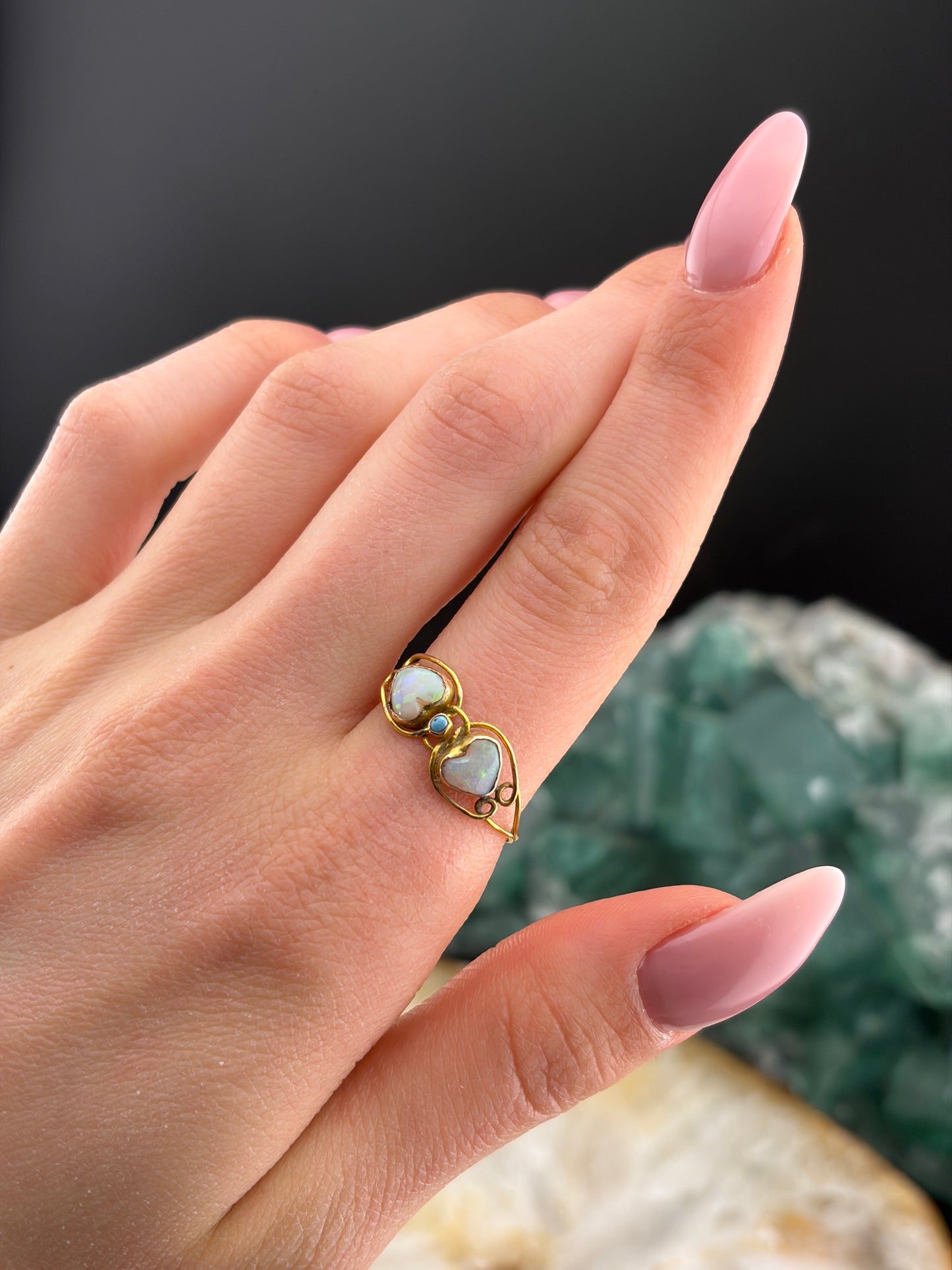 Antique 10K, Opal & Turquoise Double Heart Ring