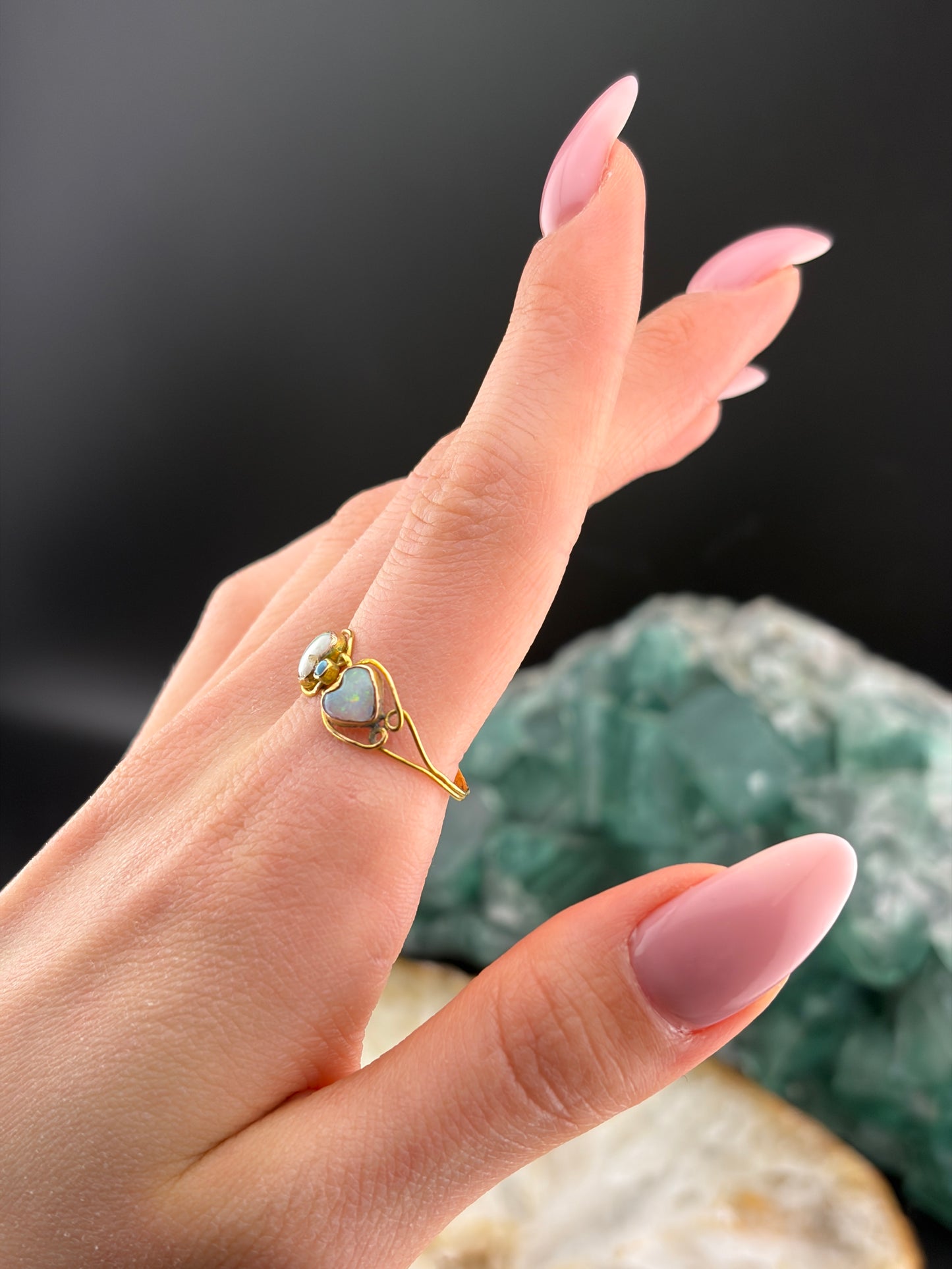 Antique 10K, Opal & Turquoise Double Heart Ring