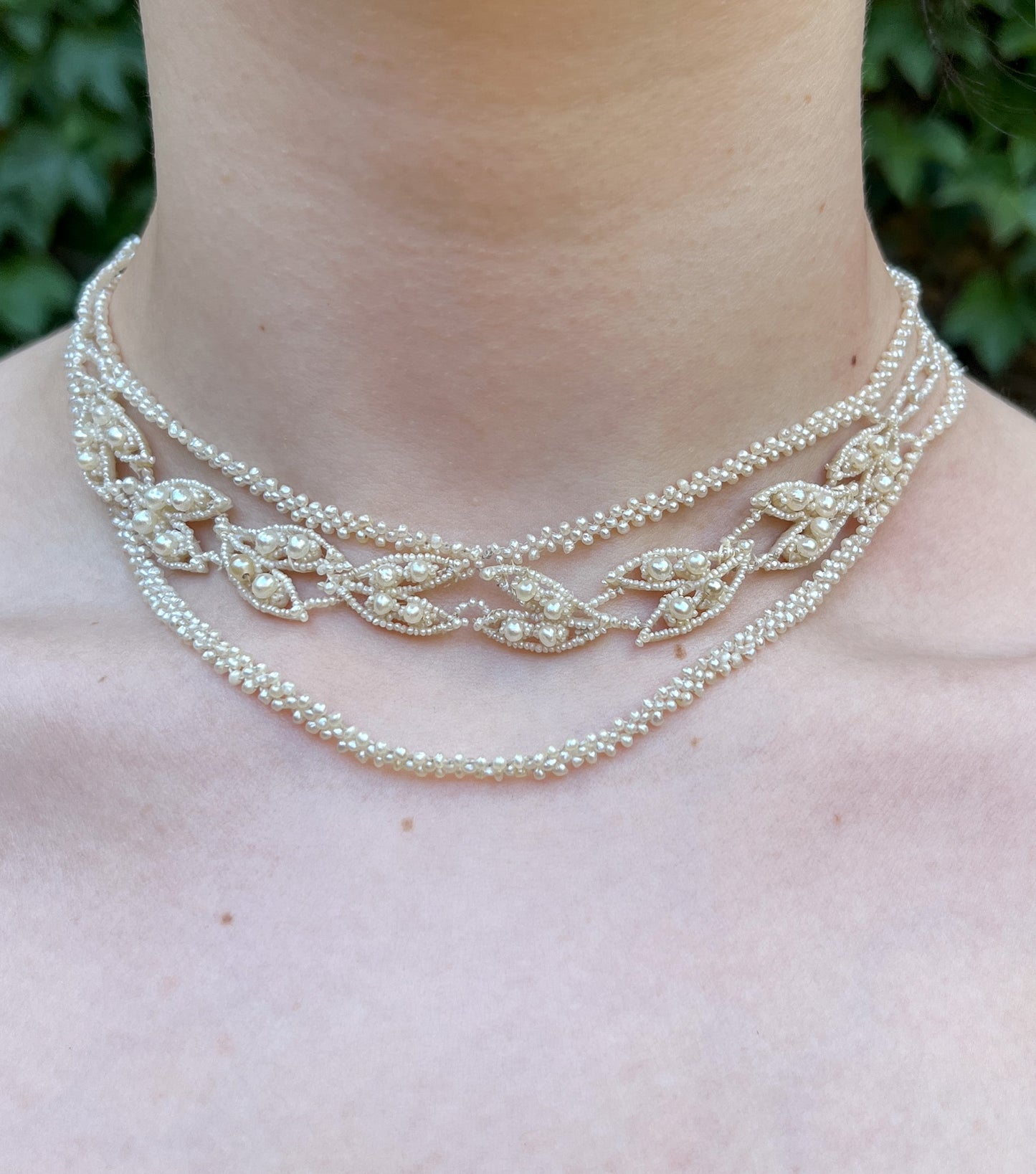 Antique 9K, Seed Pearl & Mother of Pearl Weddingwork Necklace