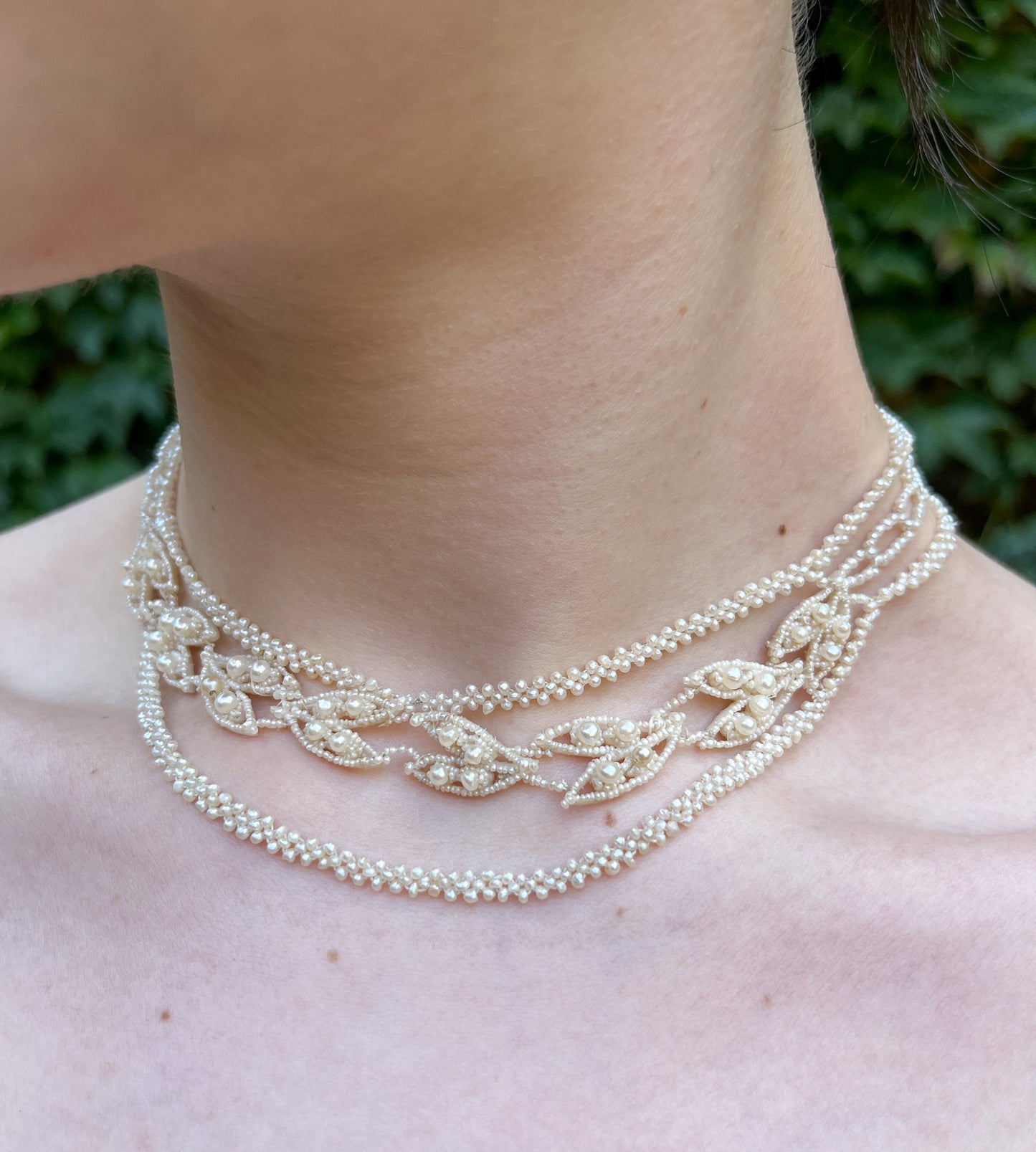 Antique 9K, Seed Pearl & Mother of Pearl Weddingwork Necklace