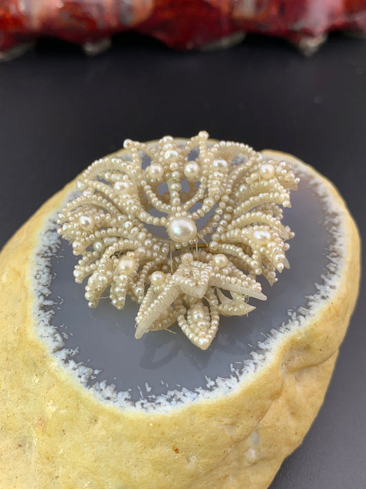 Sold Antique 9K, Seed Pearl & Mother Of Pearl Weddingwork Brooch W/Original Box