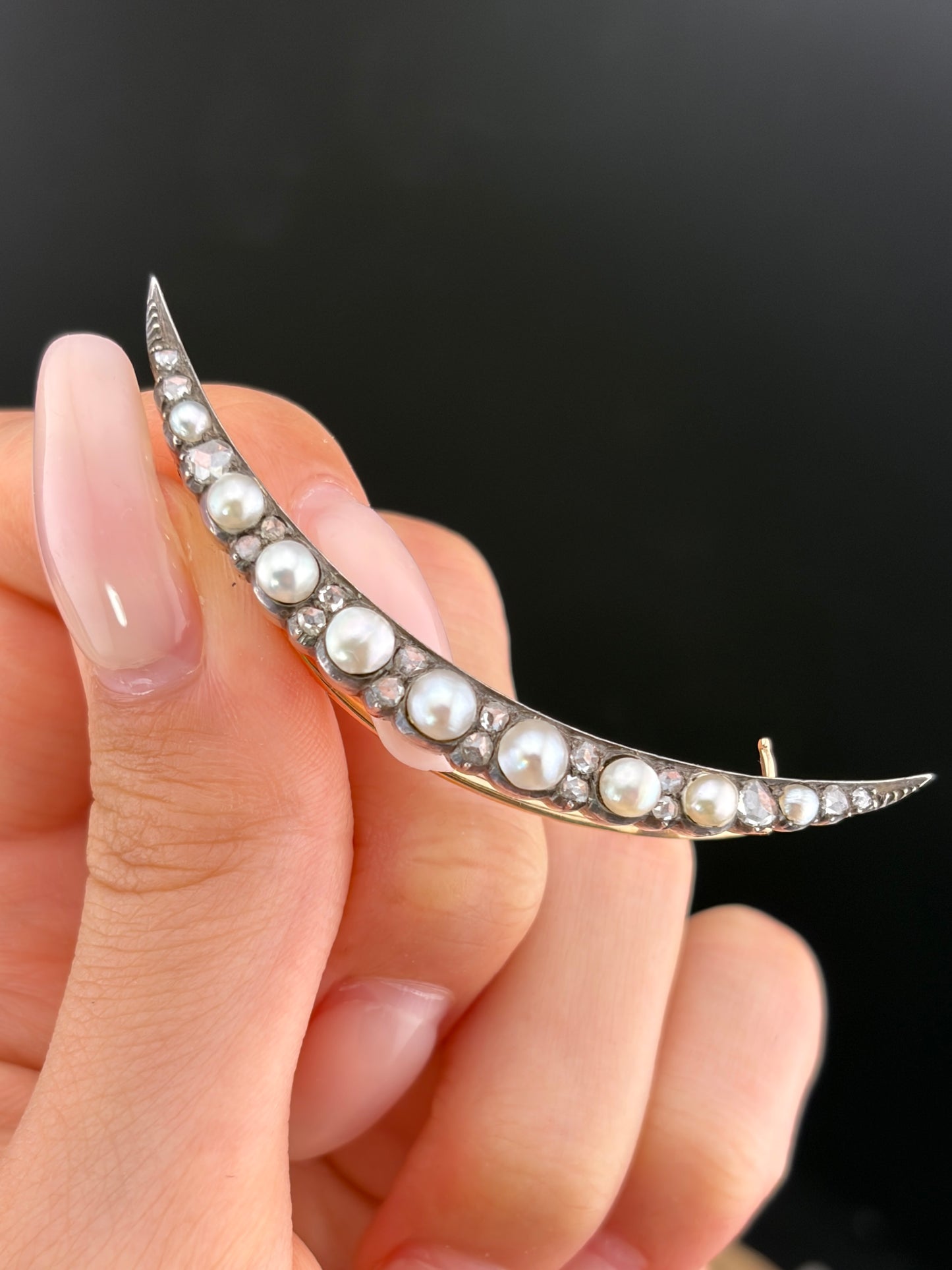 Antique 15K, Diamond & Pearl Crescent Brooch w/Original Box