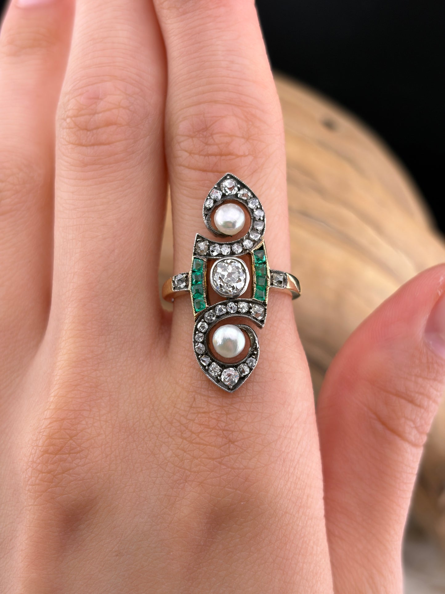 Antique French 18K, Diamond, Emerald & Pearl Navette Ring