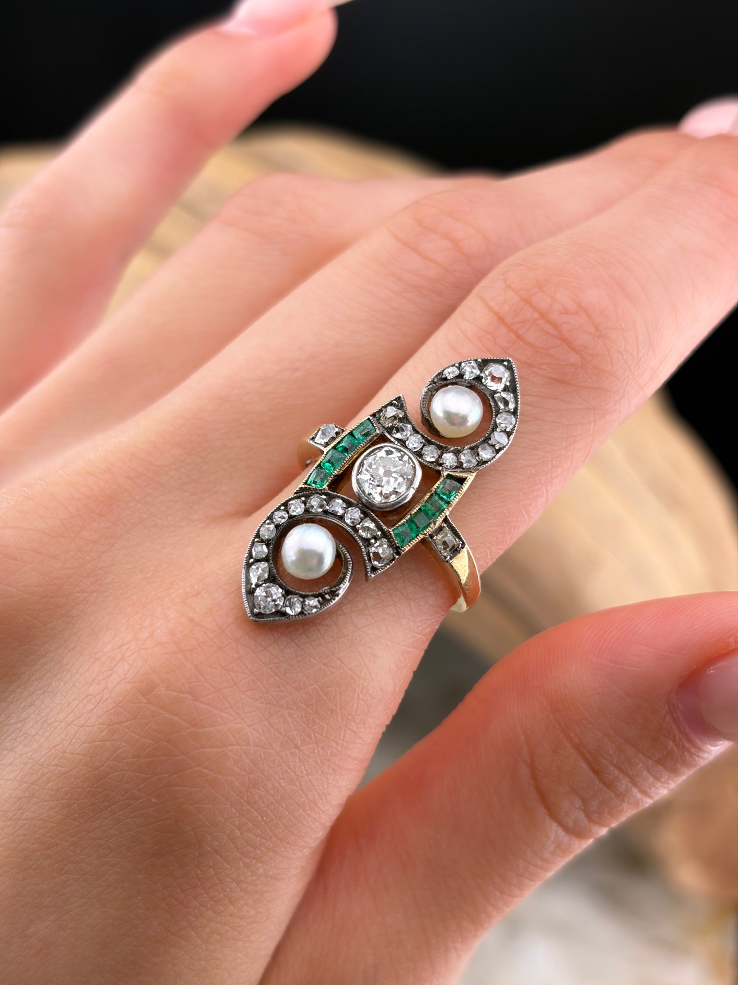 Antique French 18K, Diamond, Emerald & Pearl Navette Ring