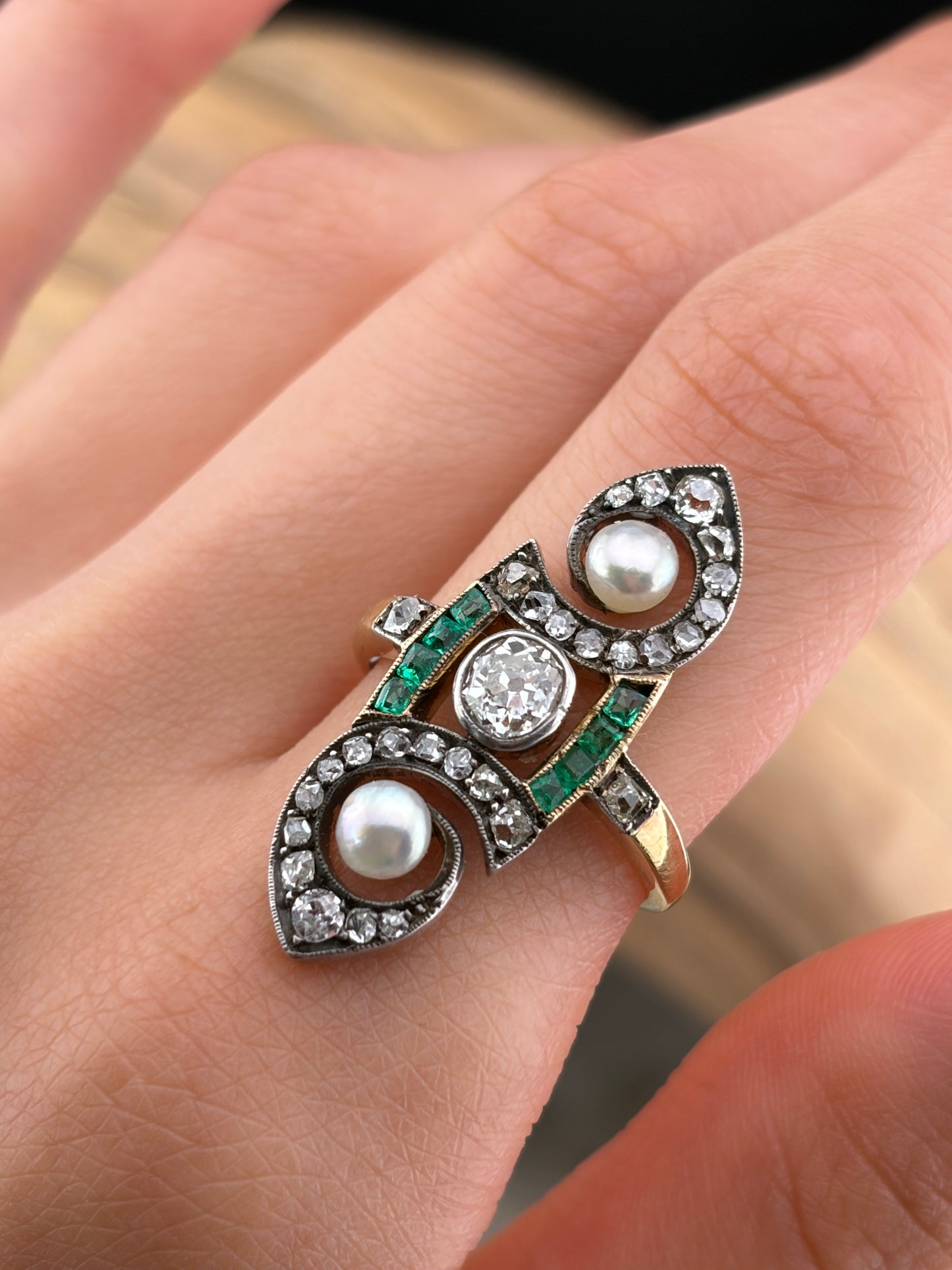 Antique French 18K, Diamond, Emerald & Pearl Navette Ring