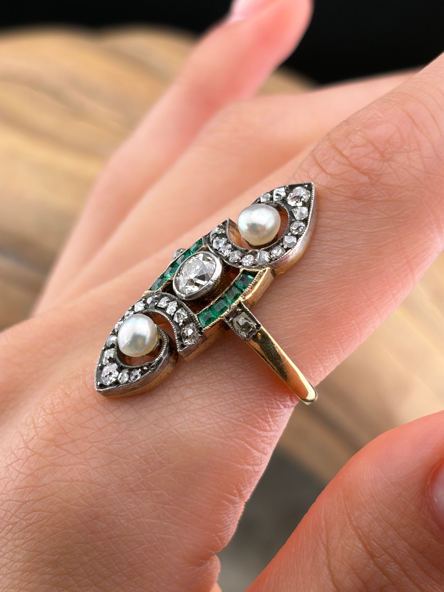 Antique French 18K, Diamond, Emerald & Pearl Navette Ring