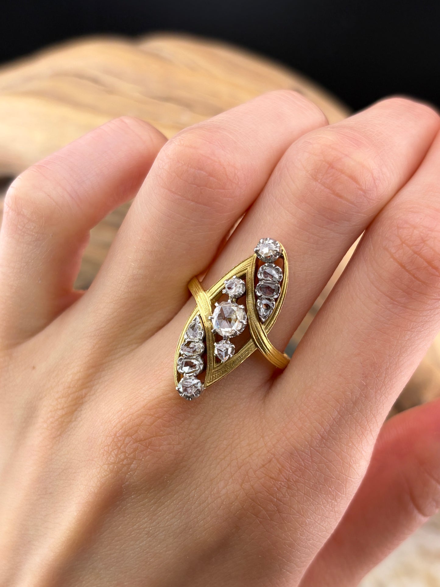 Antique French 18K & Diamond Navette Ring