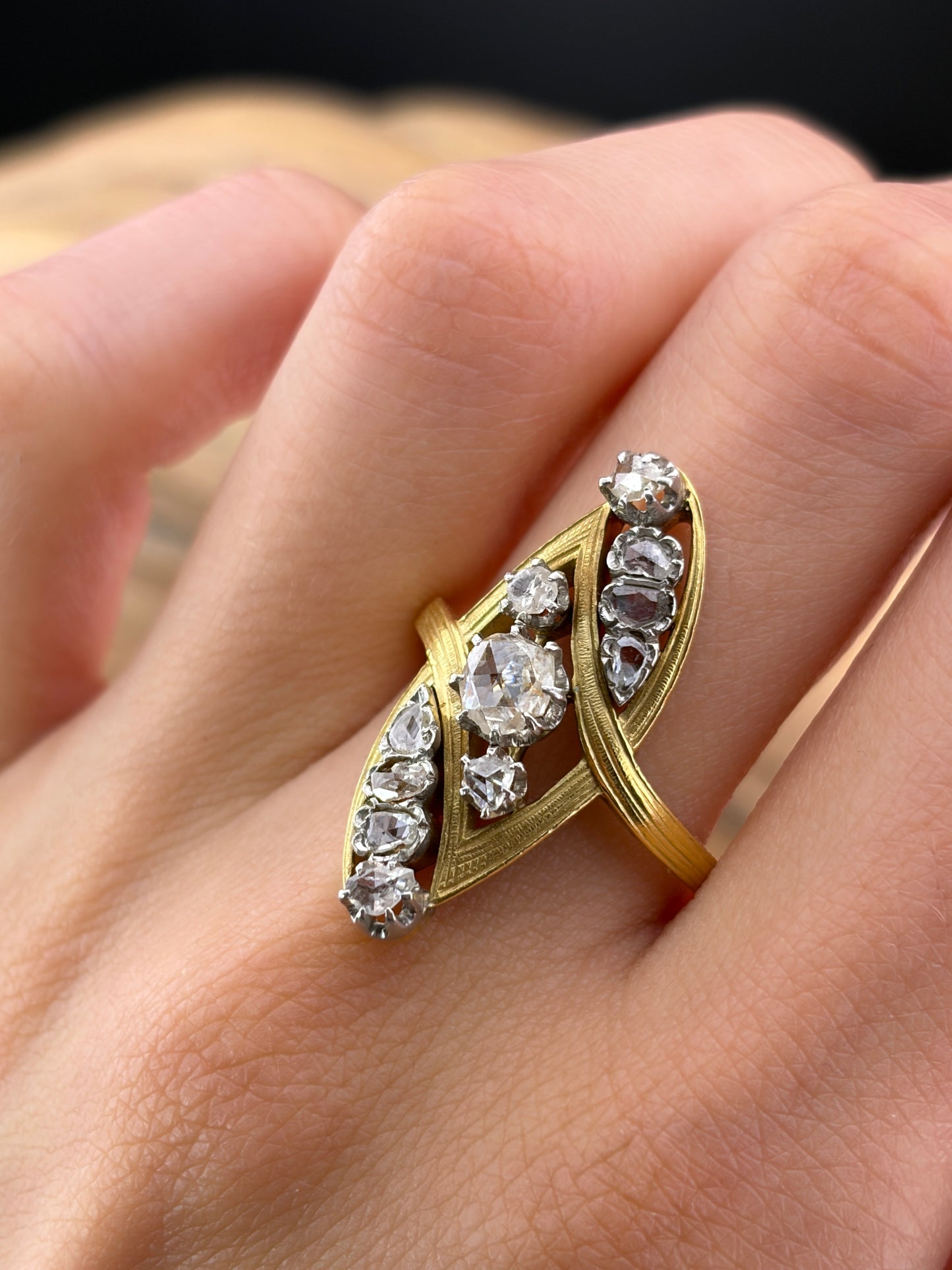 Antique French 18K & Diamond Navette Ring
