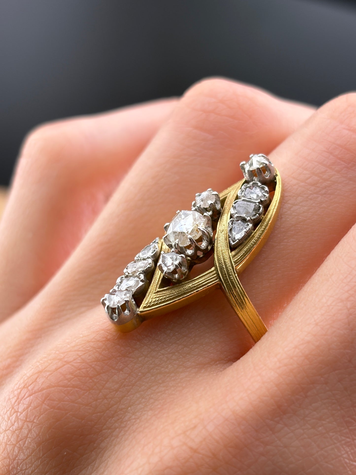 Antique French 18K & Diamond Navette Ring