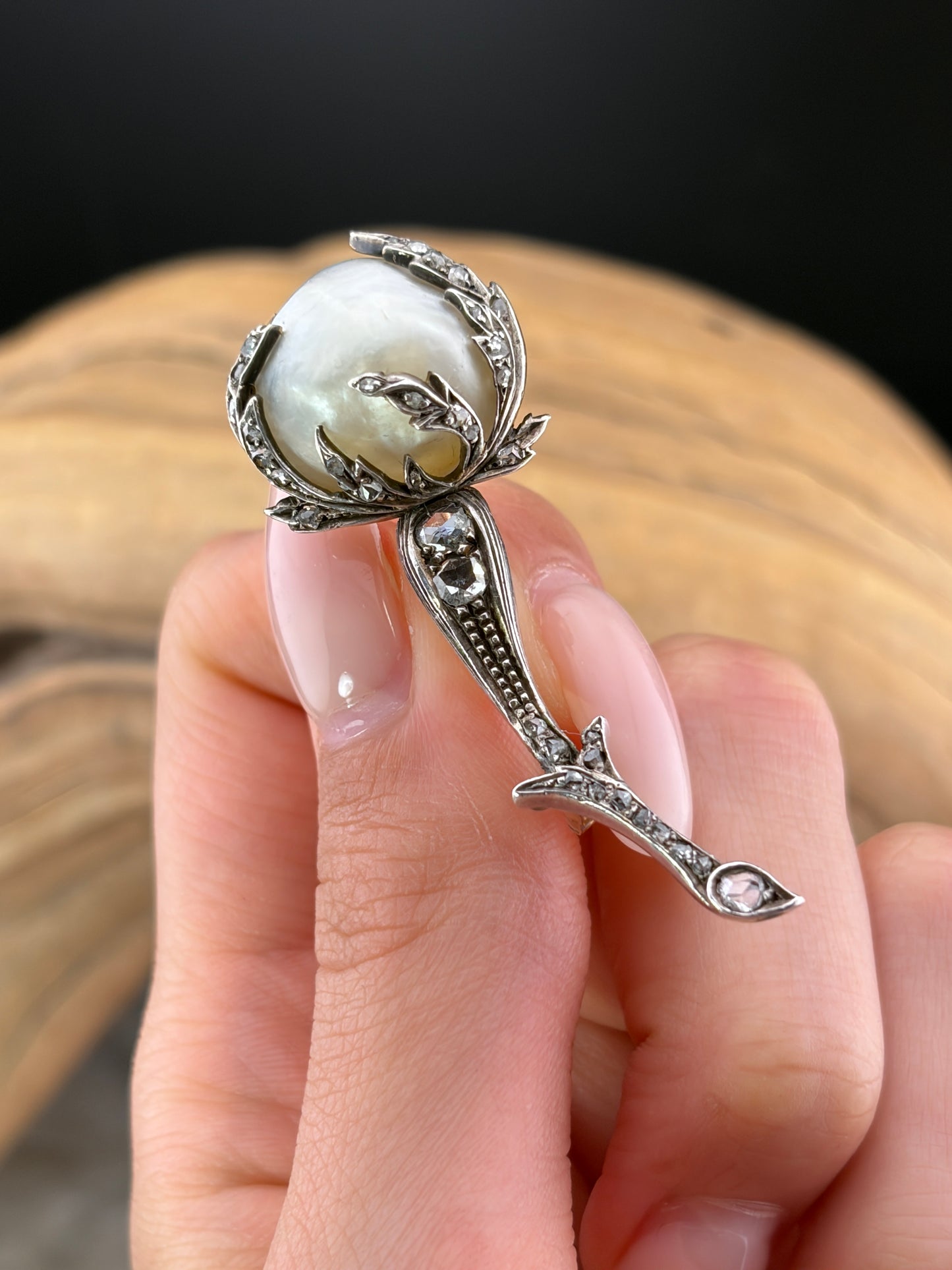 Antique French Art Nouveau 18K, Silver, Baroque Pearl & Diamond Rosebud Brooch