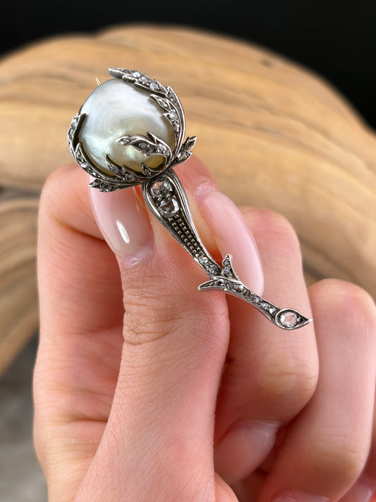 Antique French Art Nouveau 18K, Silver, Baroque Pearl & Diamond Rosebud Brooch