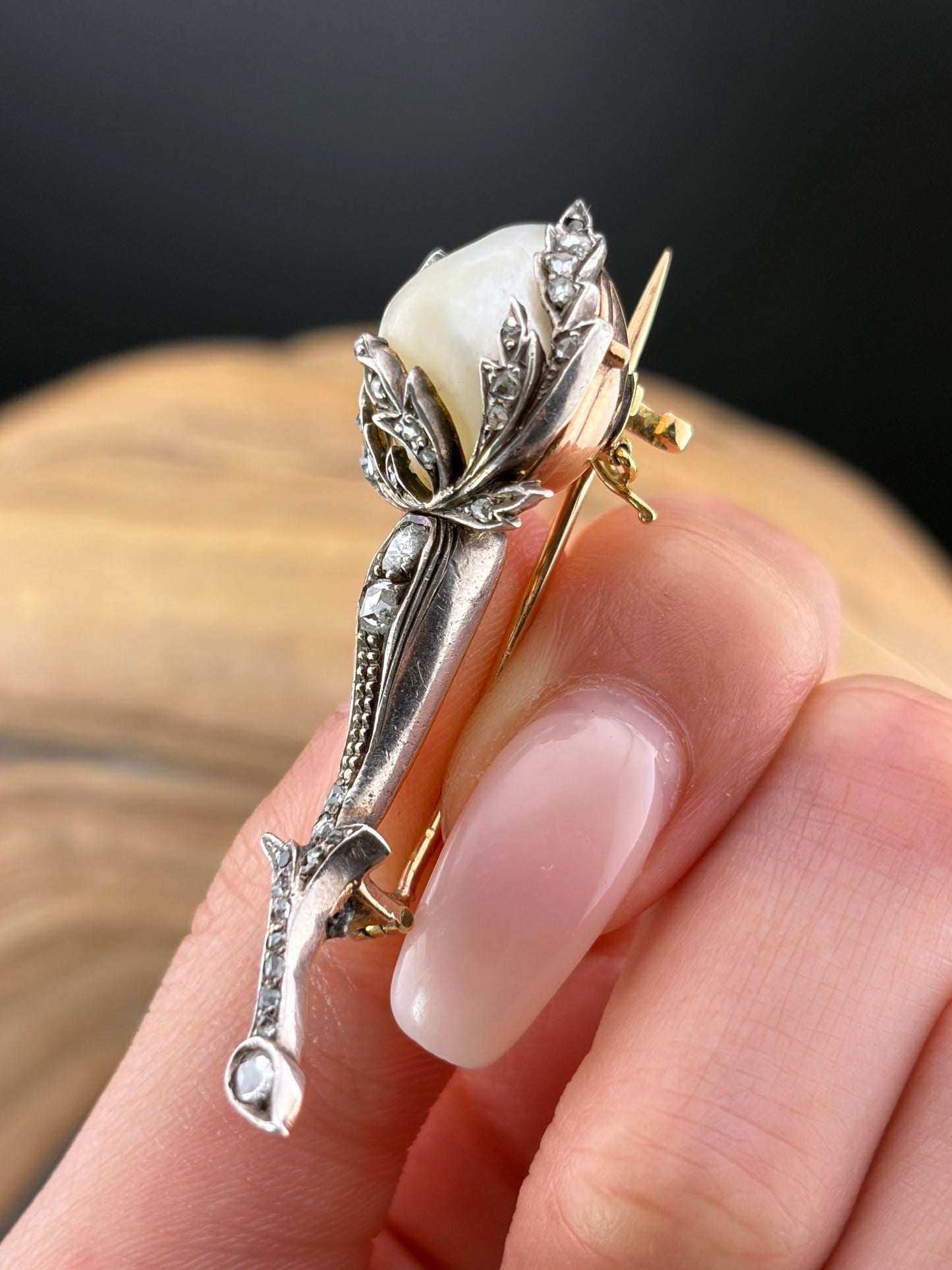 Antique French Art Nouveau 18K, Silver, Baroque Pearl & Diamond Rosebud Brooch
