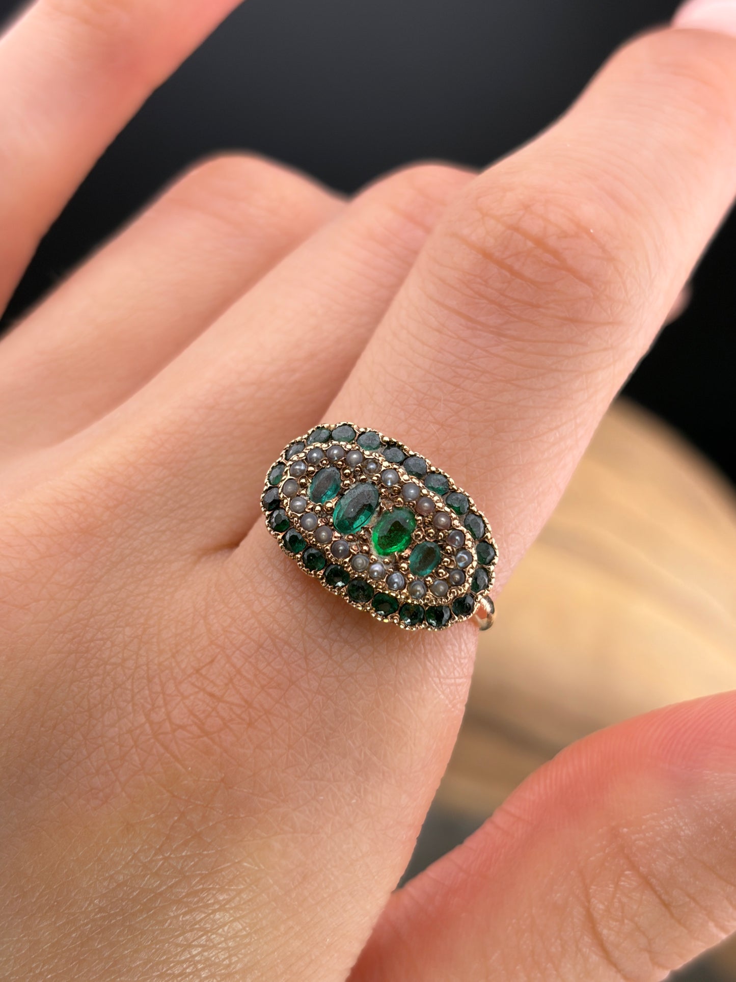 Antique 15K, Demantoid, Emerald & Seed Pearl Ring