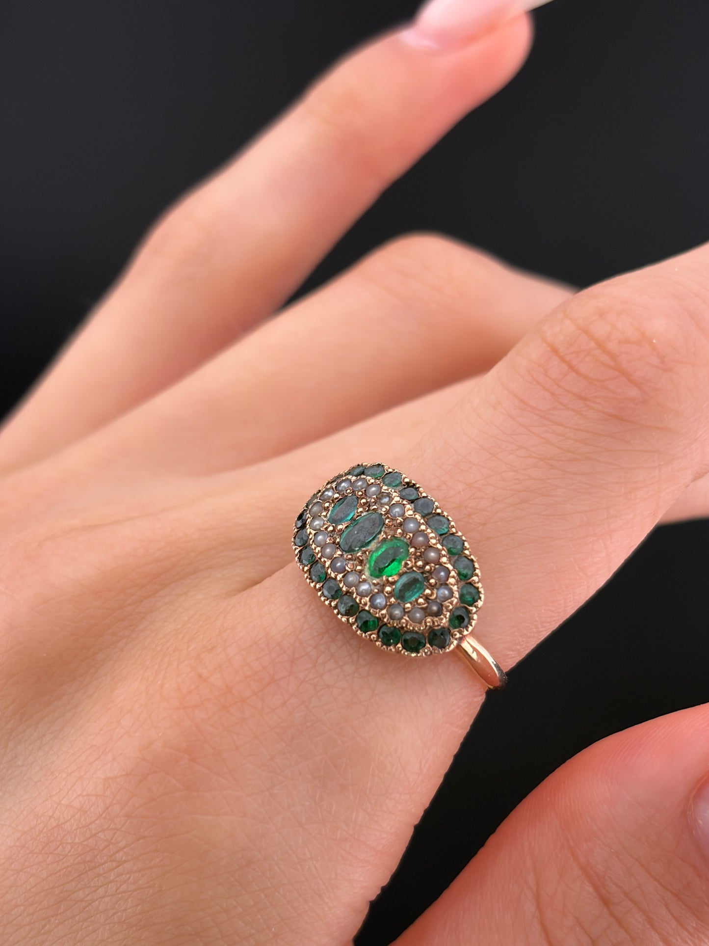 Antique 15K, Demantoid, Emerald & Seed Pearl Ring