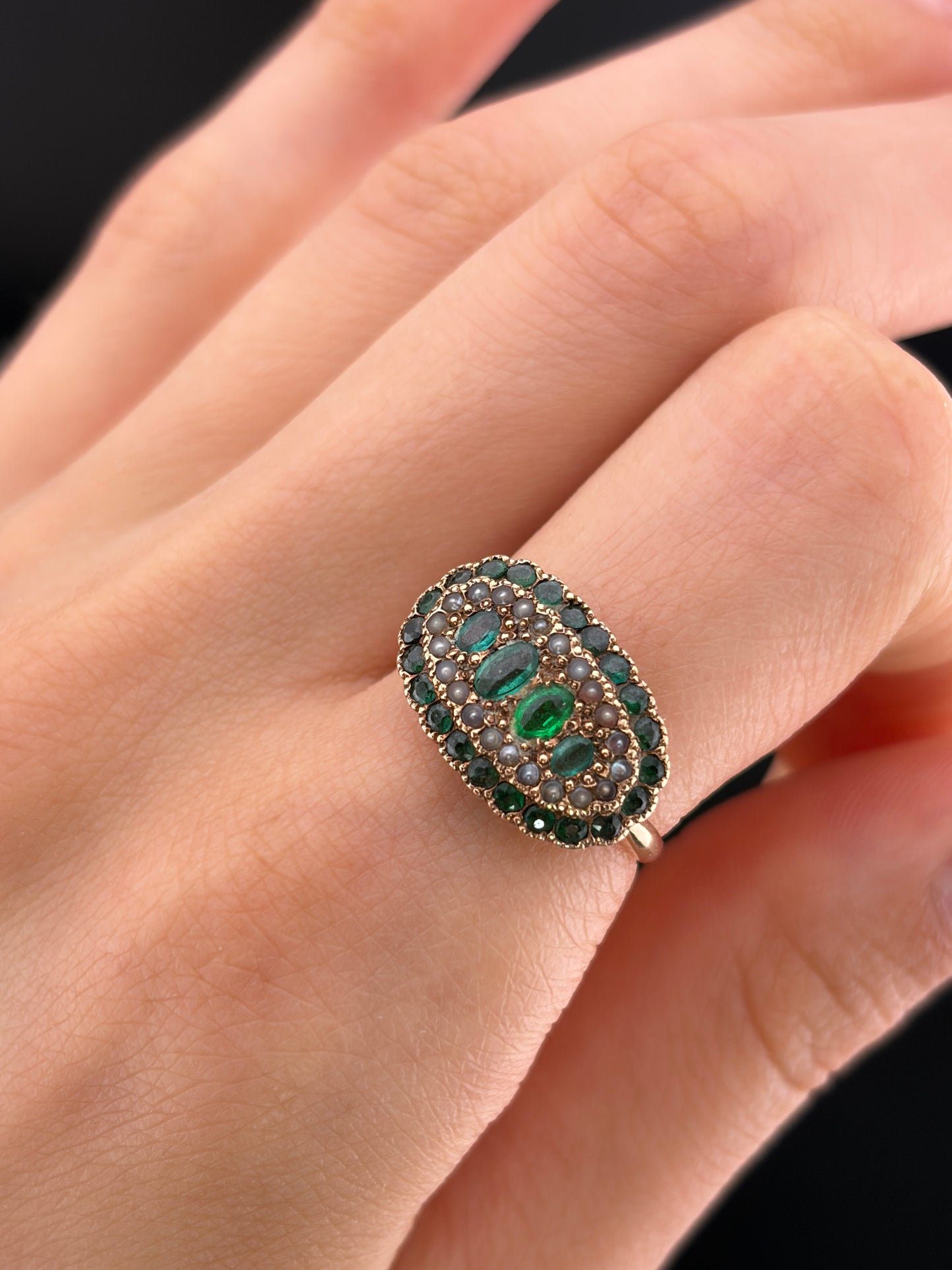 Antique 15K, Demantoid, Emerald & Seed Pearl Ring