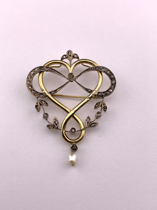 Antique French Belle Epoch 18K, Diamond & Pearl Heart Brooch/Pendant