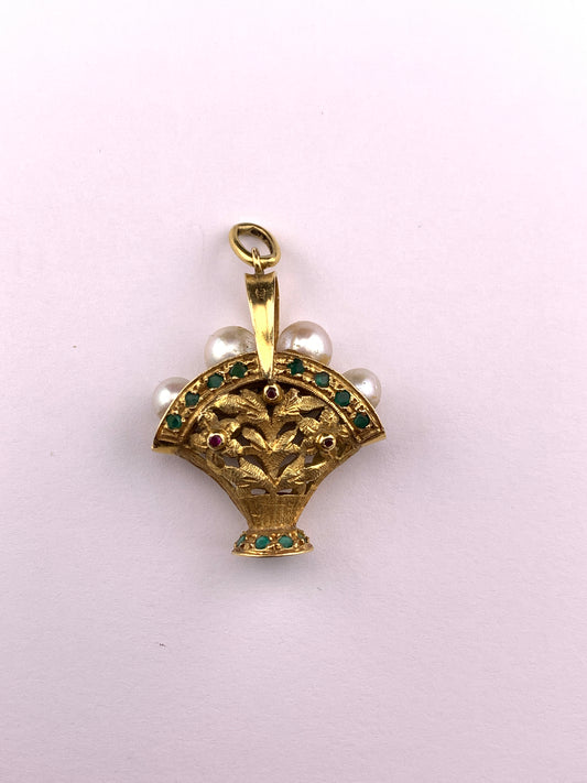 Vintage 18K, Ruby, Emerald & Pearl Italian Basket Pendant