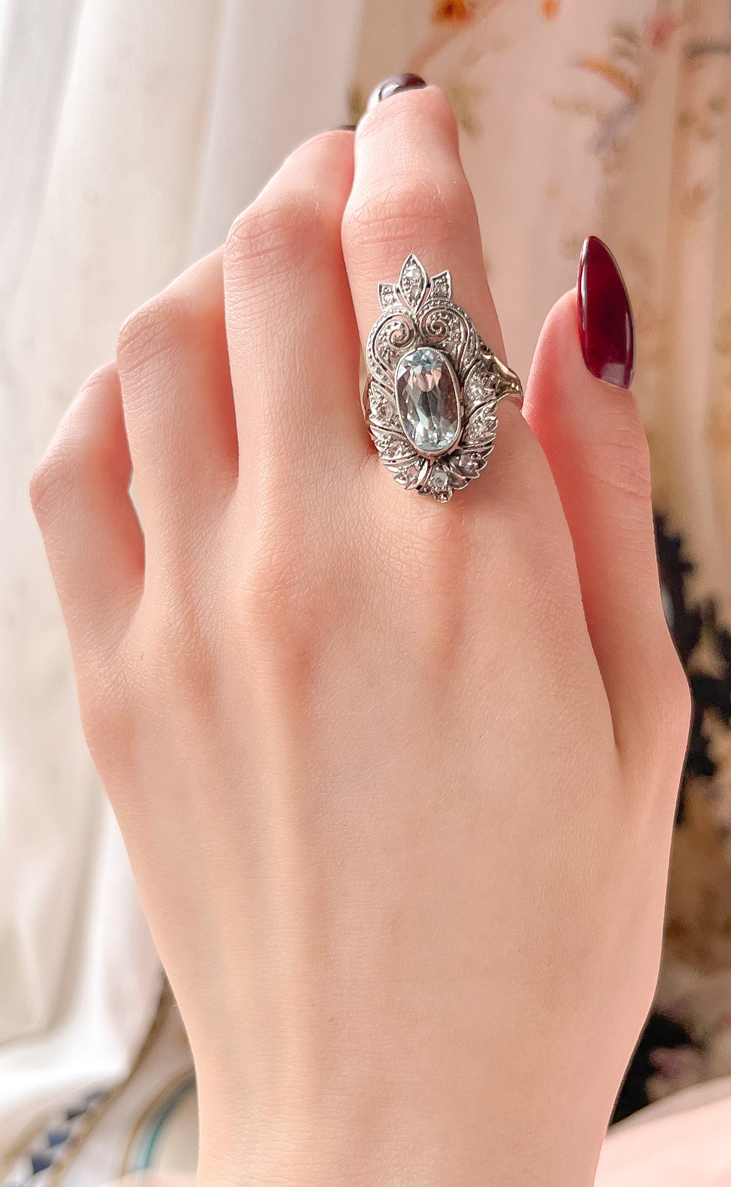 Art Deco Platinum, 14K, Diamond & Aquamarine Conversion Ring