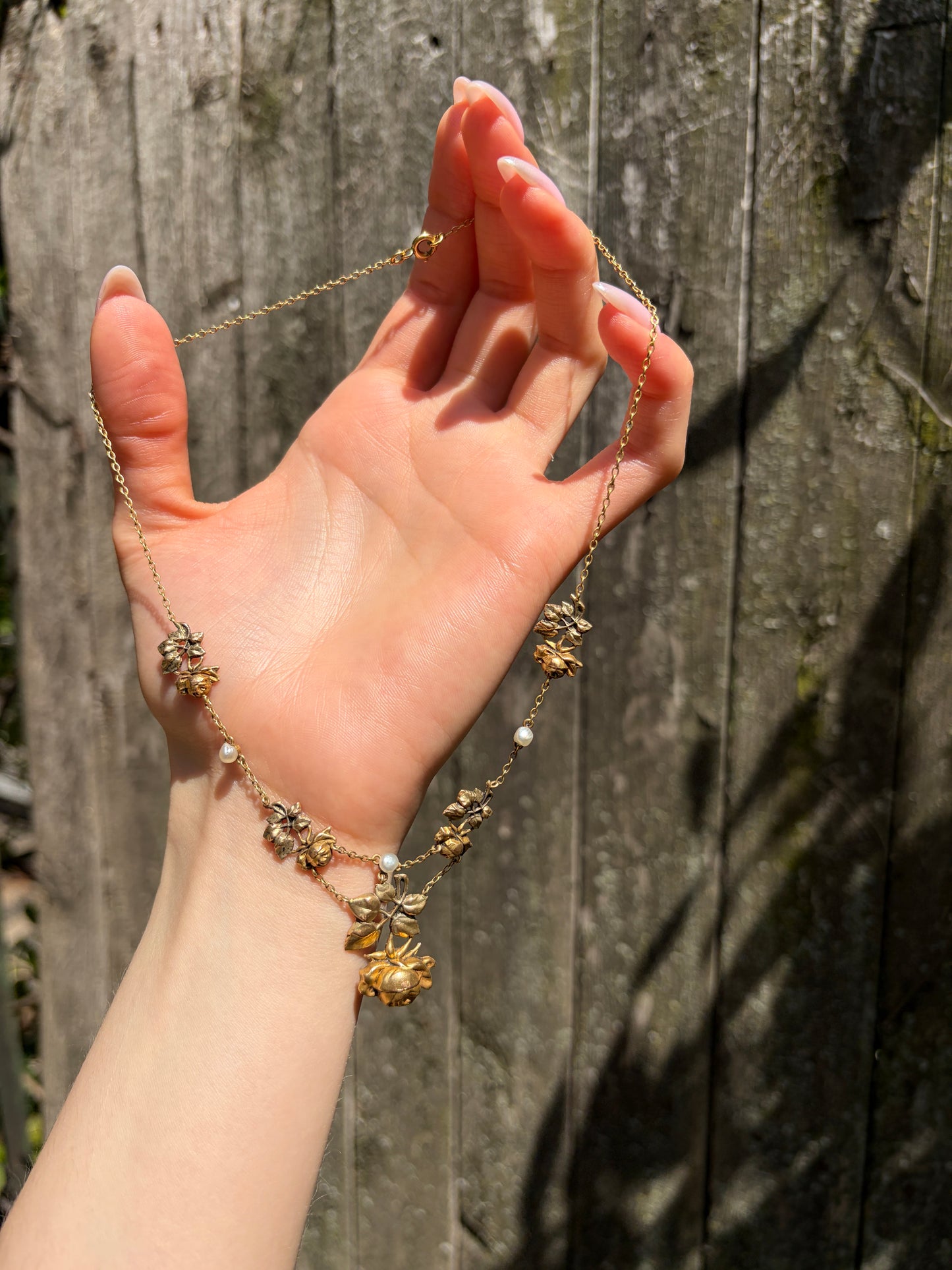 Antique French Belle Epoque 18K & Seed Pearl Rose Necklace