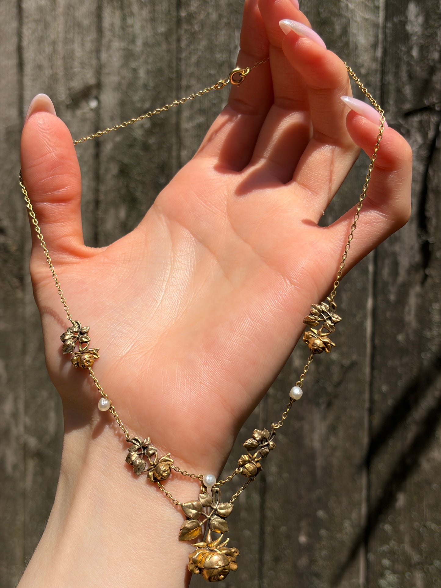 Antique French Belle Epoque 18K & Seed Pearl Rose Necklace
