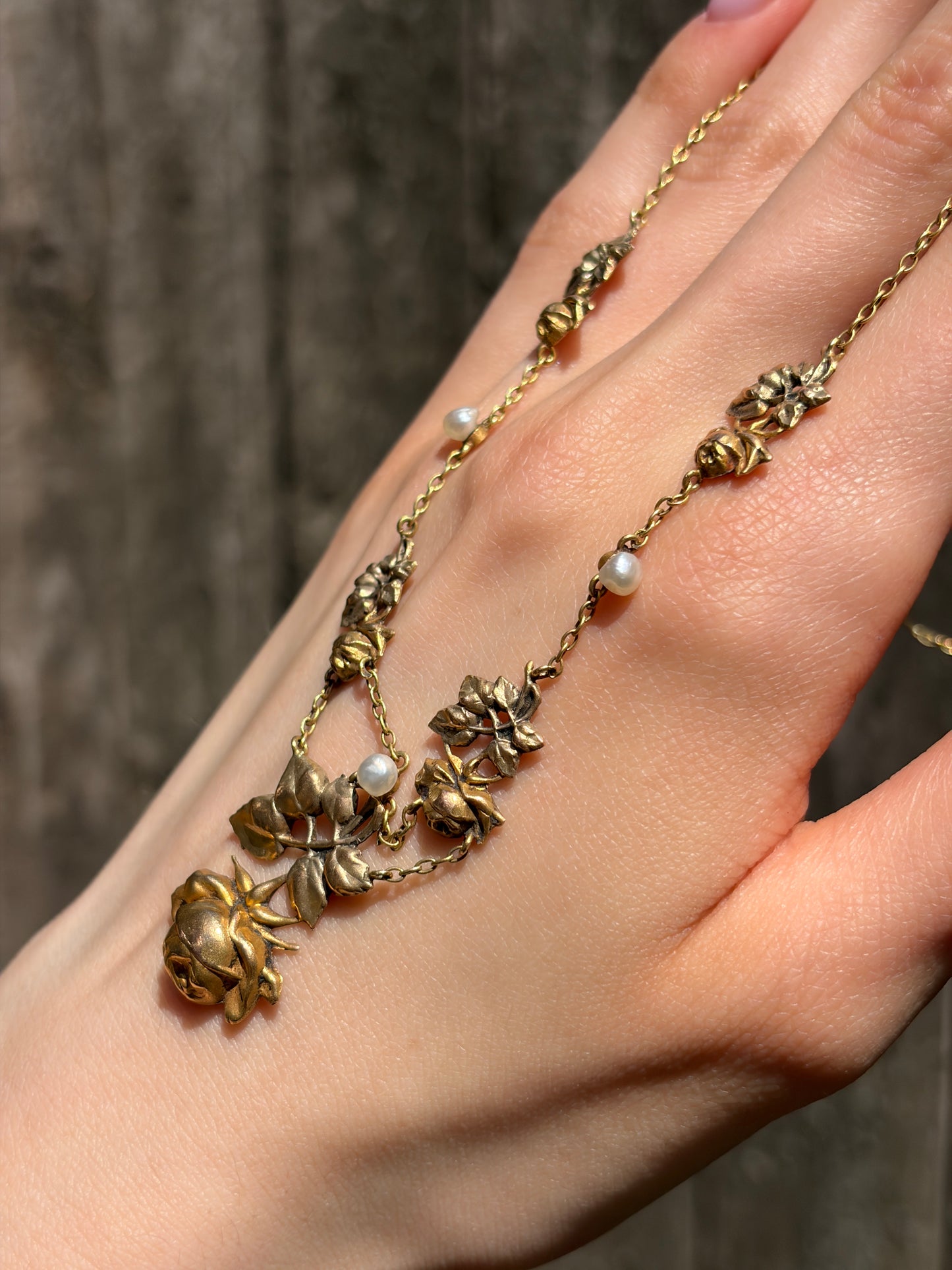 Antique French Belle Epoque 18K & Seed Pearl Rose Necklace
