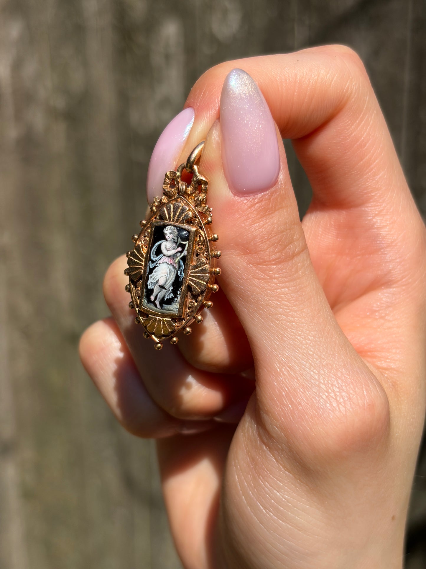 Antique French 18K & Hand Painted Enamel Locket Pendant