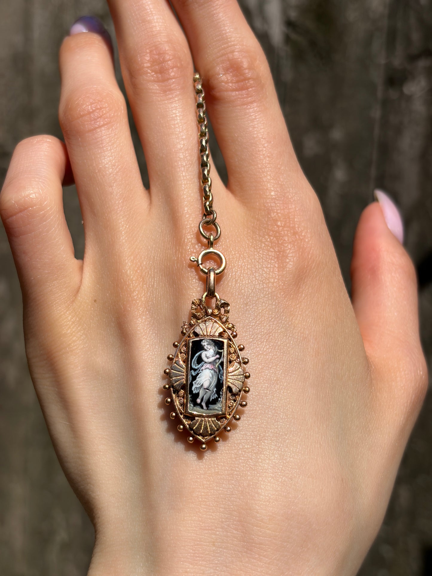Antique French 18K & Hand Painted Enamel Locket Pendant