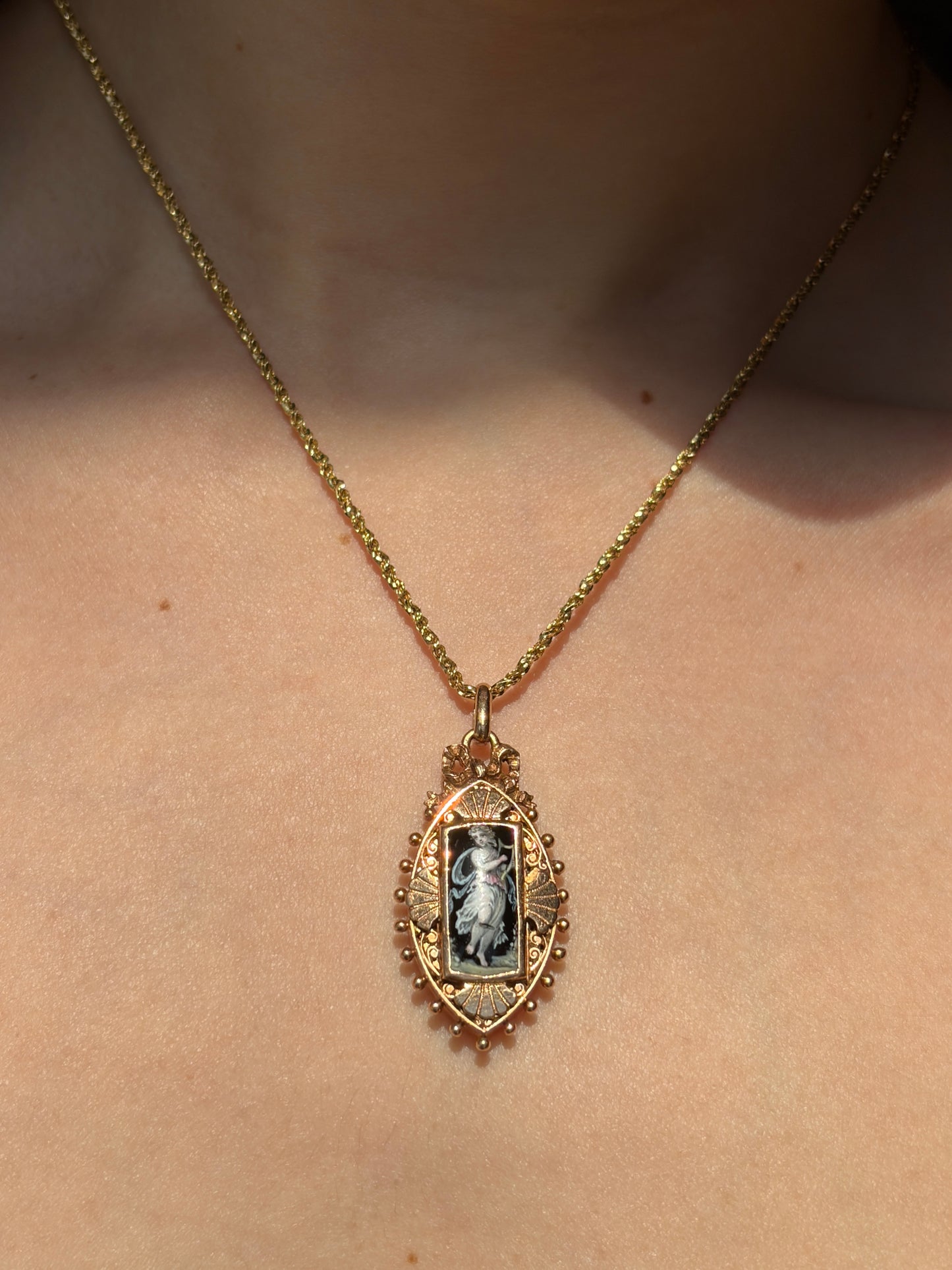 Antique French 18K & Hand Painted Enamel Locket Pendant