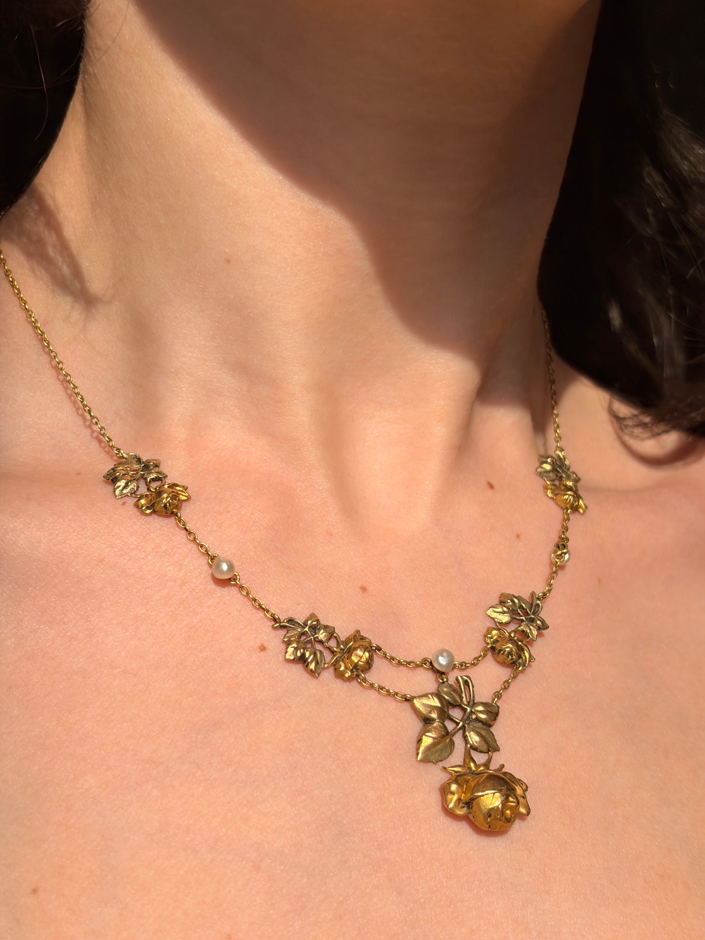 Antique French Belle Epoque 18K & Seed Pearl Rose Necklace