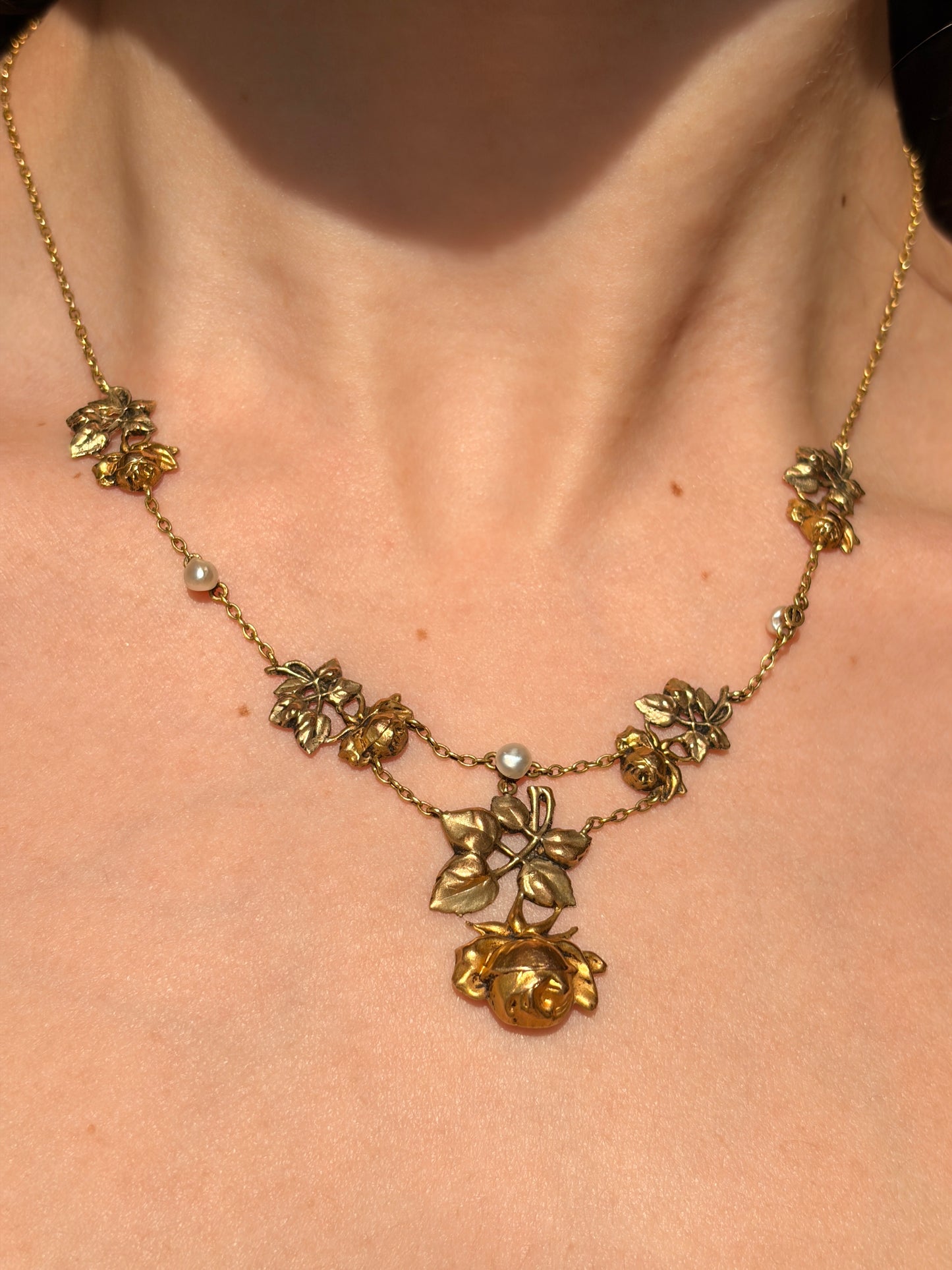 Antique French Belle Epoque 18K & Seed Pearl Rose Necklace
