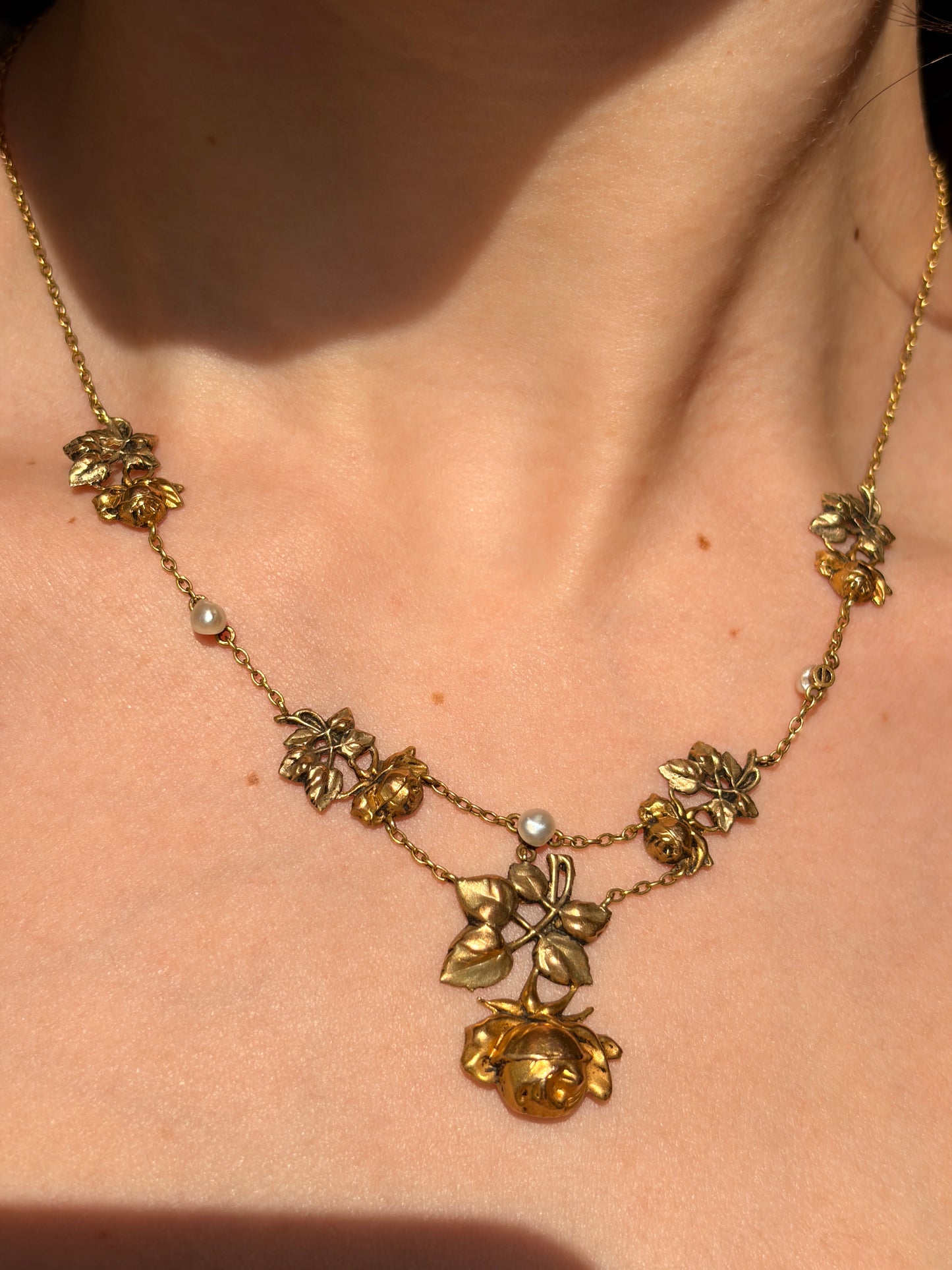 Antique French Belle Epoque 18K & Seed Pearl Rose Necklace