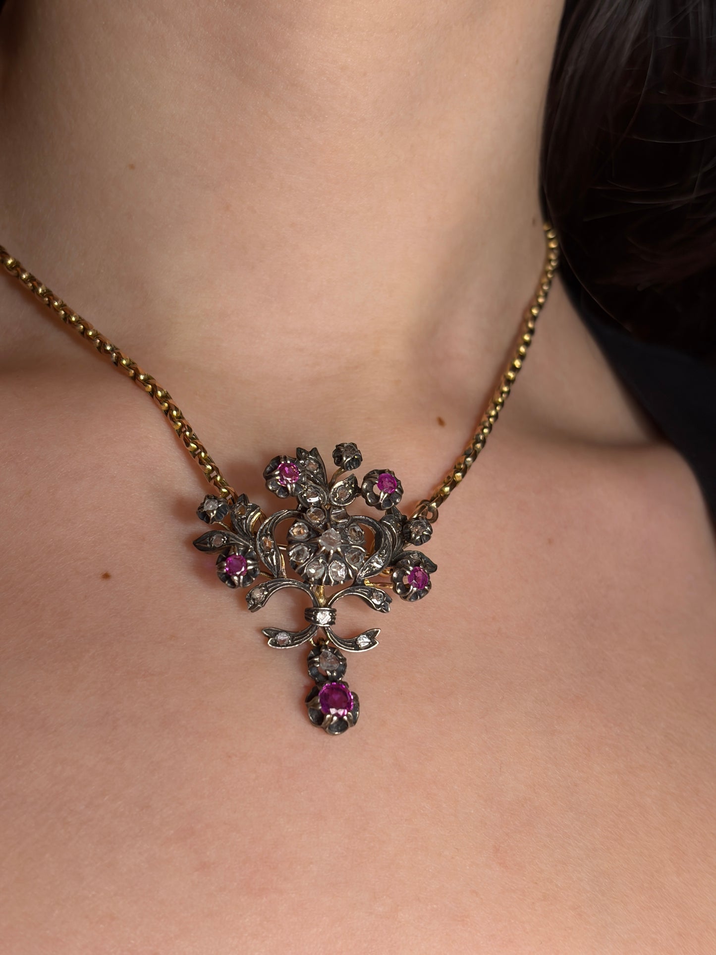 Antique 18K, Silver, Diamond & Ruby Brooch