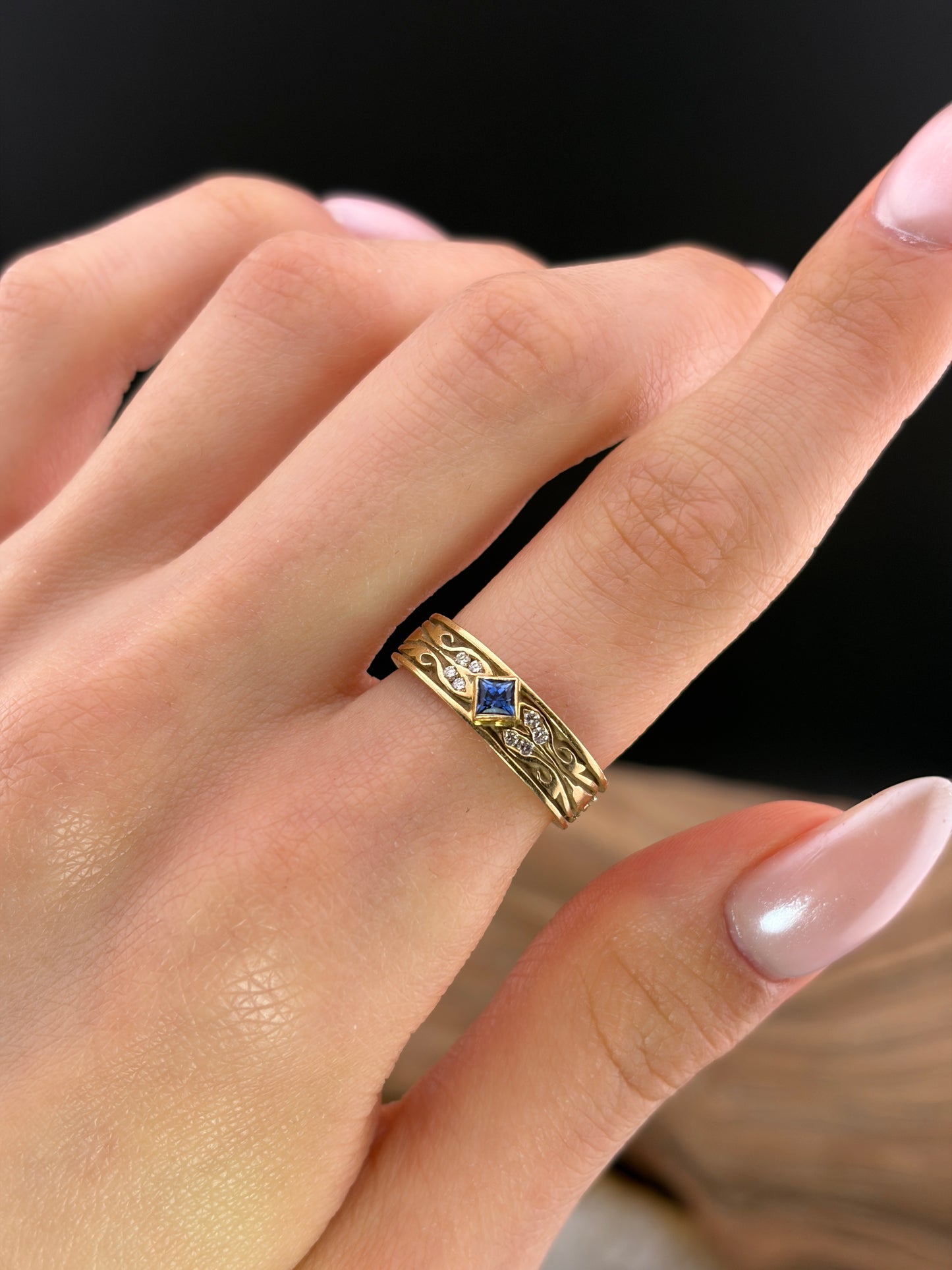 Estate 14K, Sapphire & Diamond Band Ring
