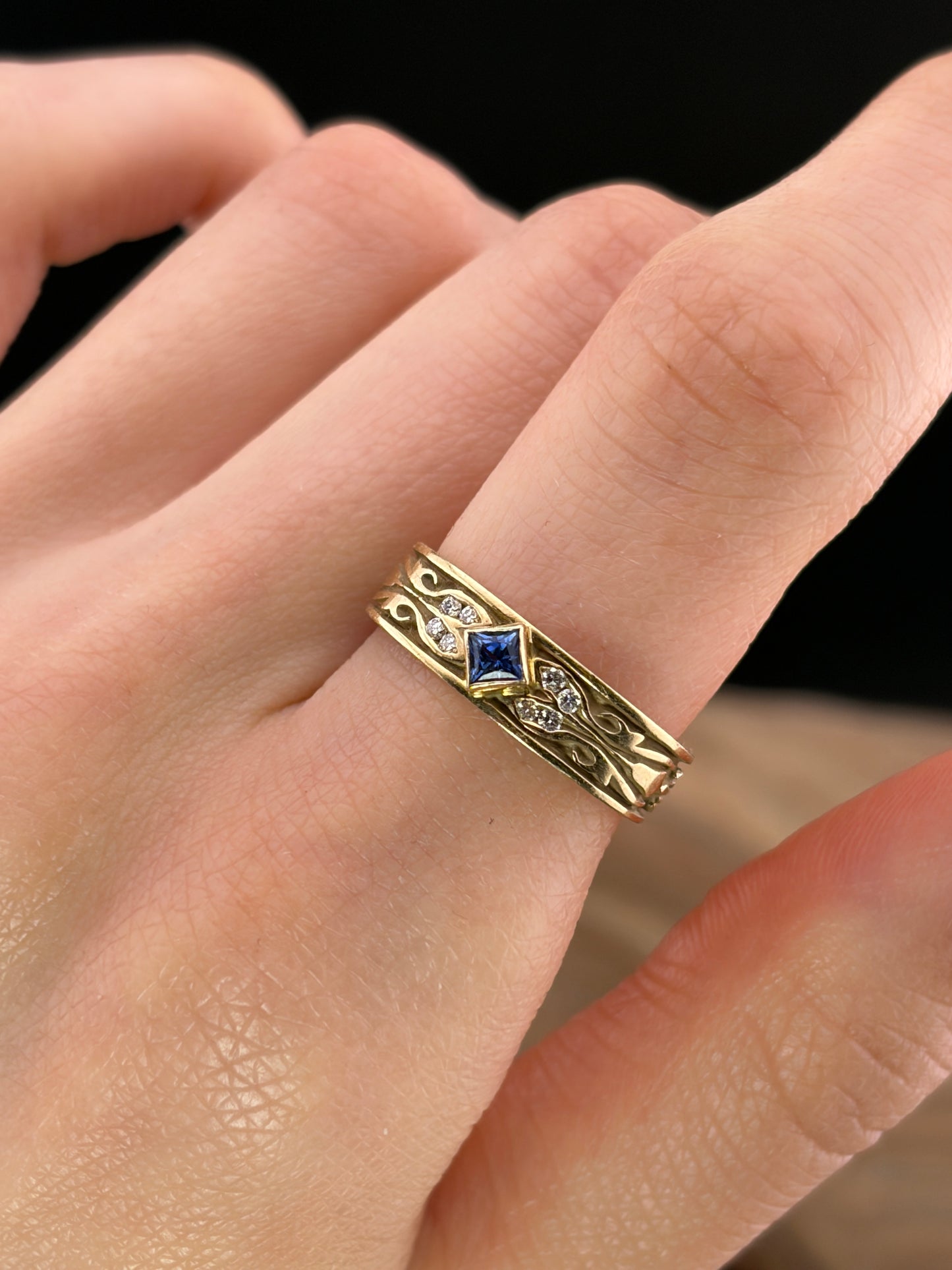 Estate 14K, Sapphire & Diamond Band Ring
