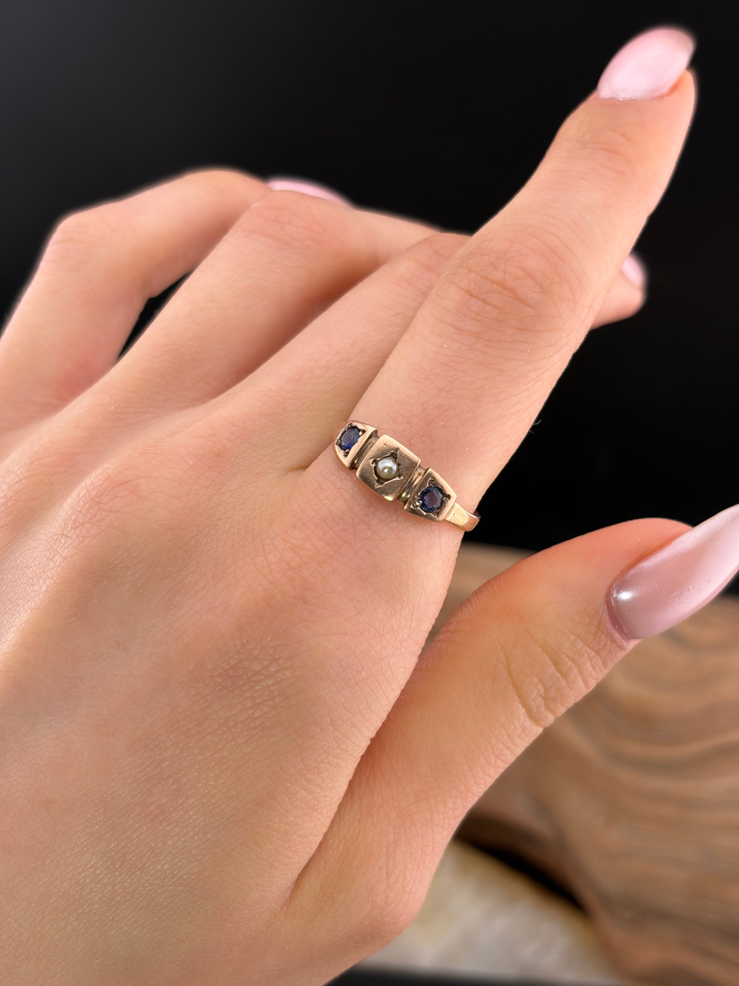 Antique 15K, Sapphire & Seed Pearl Ring